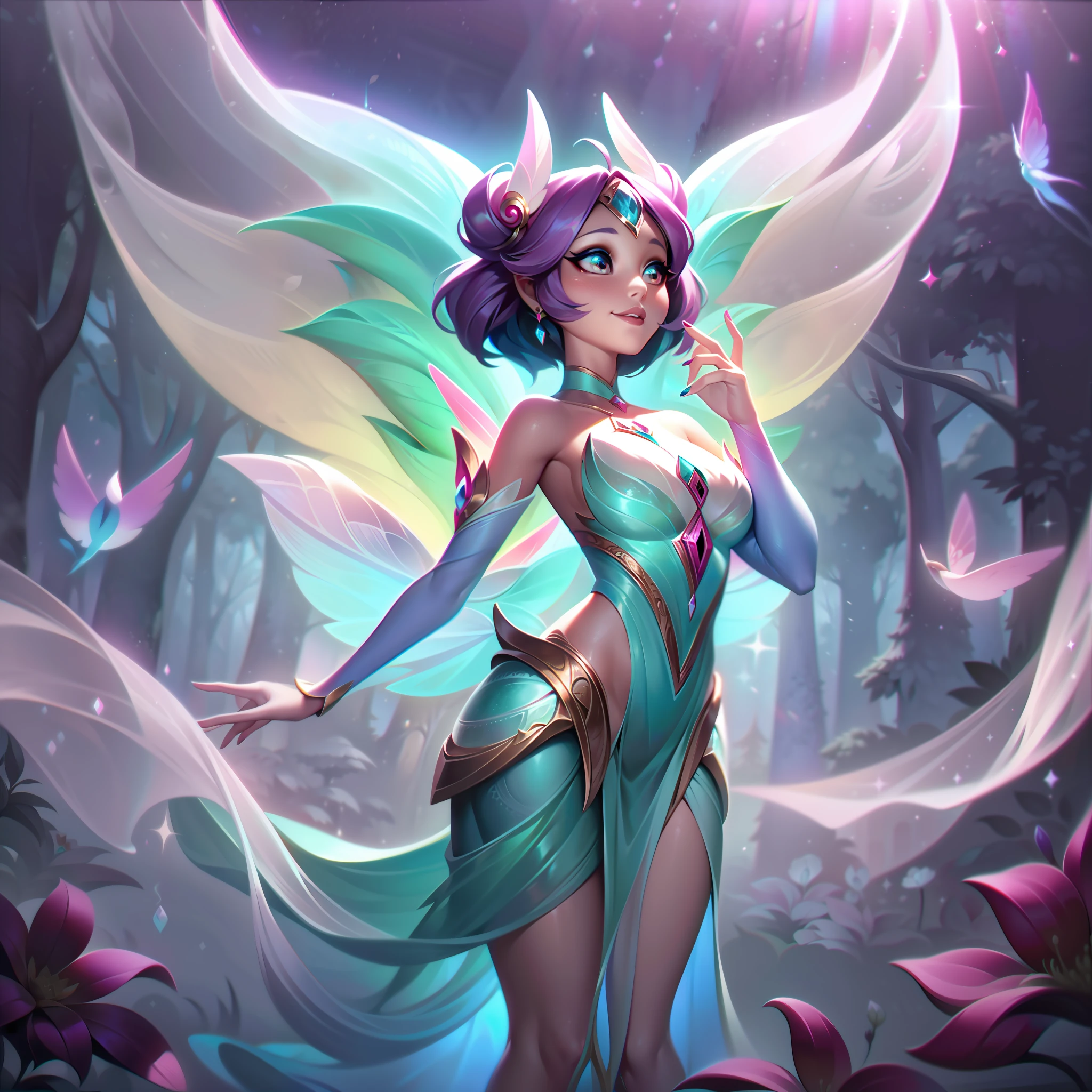 Le skin épique "La fée enchantée Baembi" offre une transformation fantaisiste et enchanteresse de la Fée des Bois, la transformant en une fée magique des merveilles de la nature.

Dans le splash art, l'apparence de Baembi prend une métamorphose étonnante. Elle se présente maintenant comme une fée éthérée et rayonnante, avec des ailes délicates et translucides ornées de poussière de fée scintillante. Ses vêtements sont maintenant ornés de motifs enchanteurs et de pierres précieuses étincelantes, reflétant sa nouvelle puissance magique.

les yeux de Baembi rayonnent d'une lueur espiègle et malicieuse, mettant en valeur sa nature espiègle et fougueuse. Sa pose respire la grâce et l&#39;élégance, comme si elle était prête à saupoudrer sa poussière de fée enchanteresse et ses sorts magiques sur le champ de bataille.

En arrière-plan, une forêt enchantée prend vie avec une flore incandescente, créatures magiques, et des lucioles dansantes, renforçant le sentiment d'émerveillement et d'enchantement.

La palette de couleurs est un mélange captivant de pastels doux et de teintes luminescentes, créant une atmosphère rêveuse et enchanteresse qui reflète la nouvelle magie de fée de Baembi.