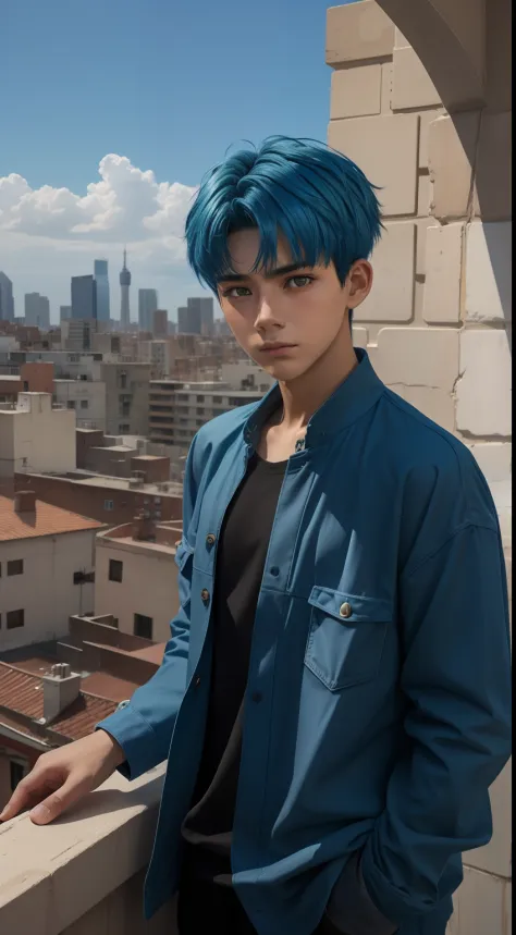 usar el mismo chico, 15-year-old man with short, straight blue hair standing on a terrace looking at a strange city, tiene mirad...