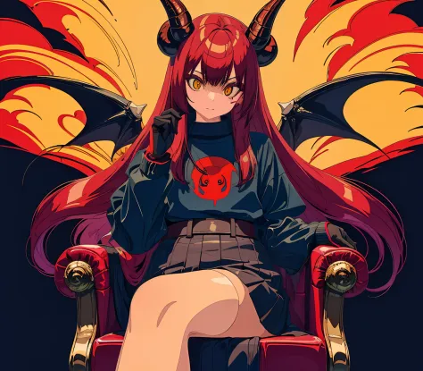 1girl, demon girl, big red goat horn, red hair, demonic, yellow eyes, dominance, demon lord, wearing gloves, sitting on throne, ...