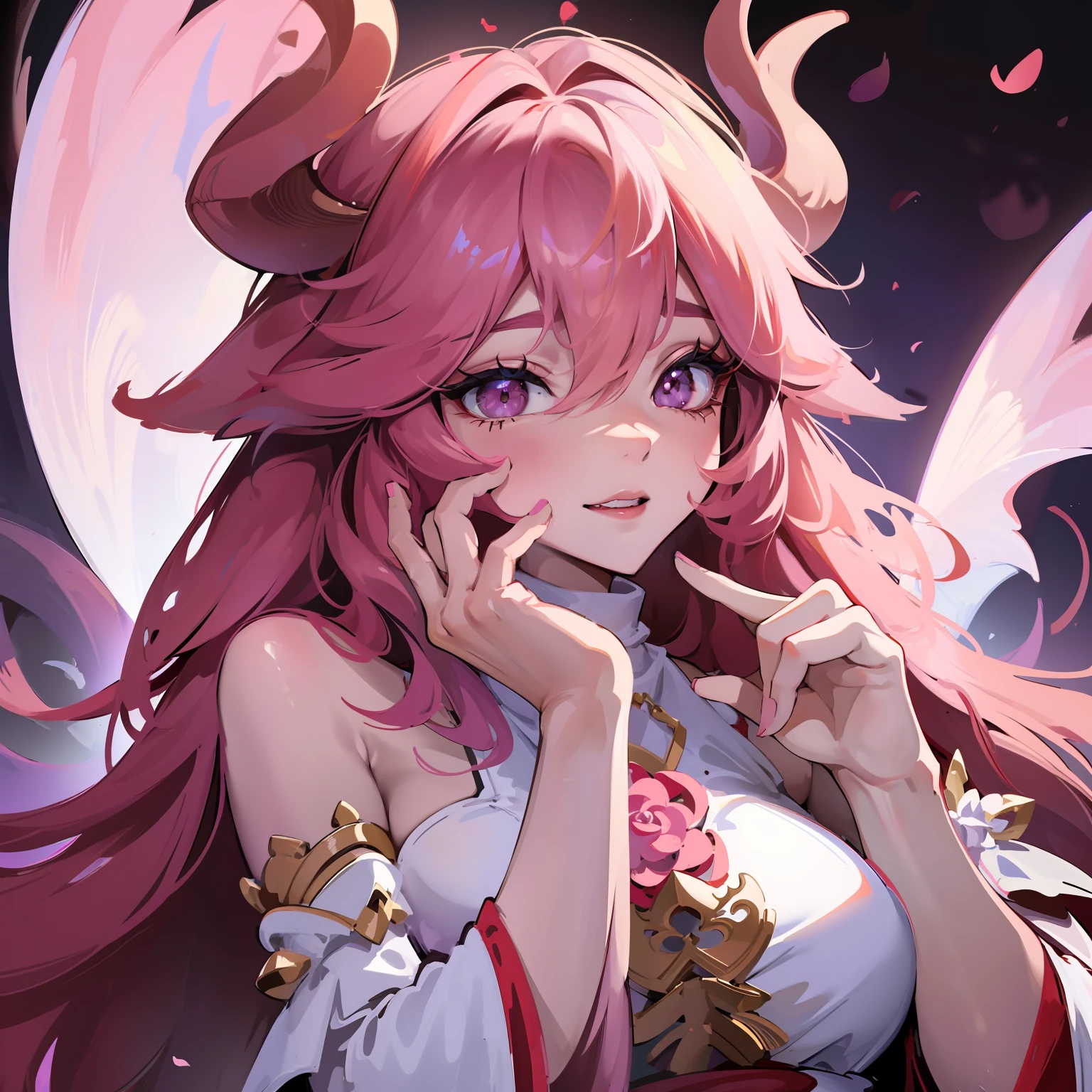 A female milf demon with demonic horns in the same light skin tone wearing a wet wedding dress, (skin tone demonic horns)), extremely long pink rapunzel hair, ((Pink rapunzel hair)), voluminous body with huge breasts and bust, ((huge breast and bust)), mischievous smile looking at the spectators ;, highlighted on the body, pose sexy, Sexualized pose ;, Realistic fashion, sysie high definition details, photography, perspicacity, unique 850 4, Koda850 k portrait camera, Spring F1.6, rich colors, Super realistic texture, spectacular light texture, surreal art, Cinestil 800 fashion mechanism.