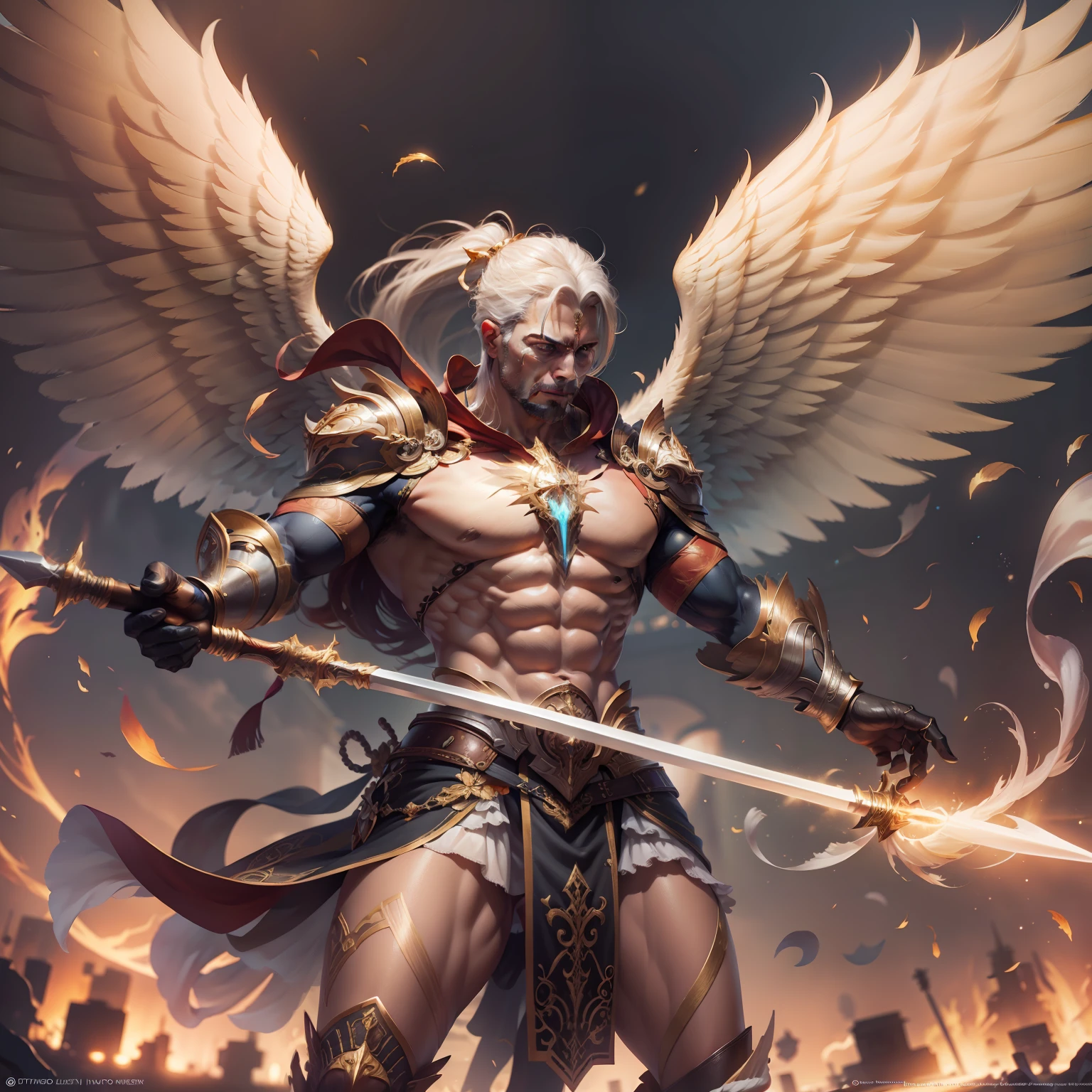 foto ultra realista anjo homem guerreiro, Asas douradas, Músculos fortes, espada de fogo na mão, renderização de octanas, 16k UHD, detalhes altos, Super Detalhe, melhor qualidade, 8K