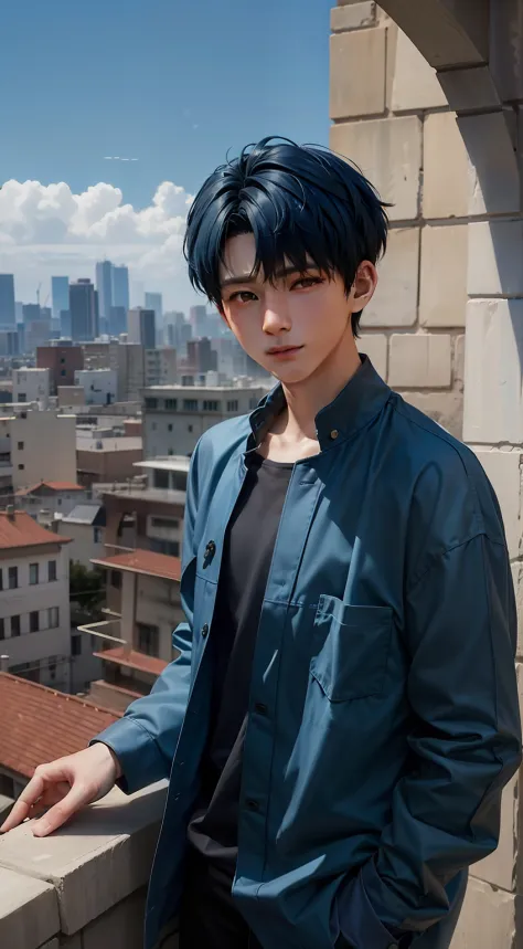 usar el mismo chico, 15-year-old man with short, straight blue hair standing on a terrace looking at a strange city, tiene mirad...