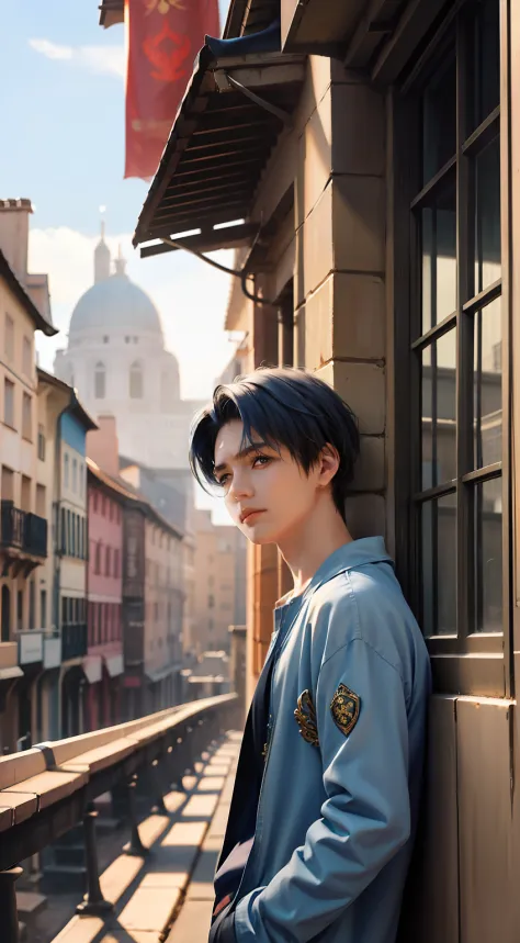 usar el mismo chico, 15-year-old man with short, straight blue hair standing on a terrace looking at a strange city, tiene mirad...