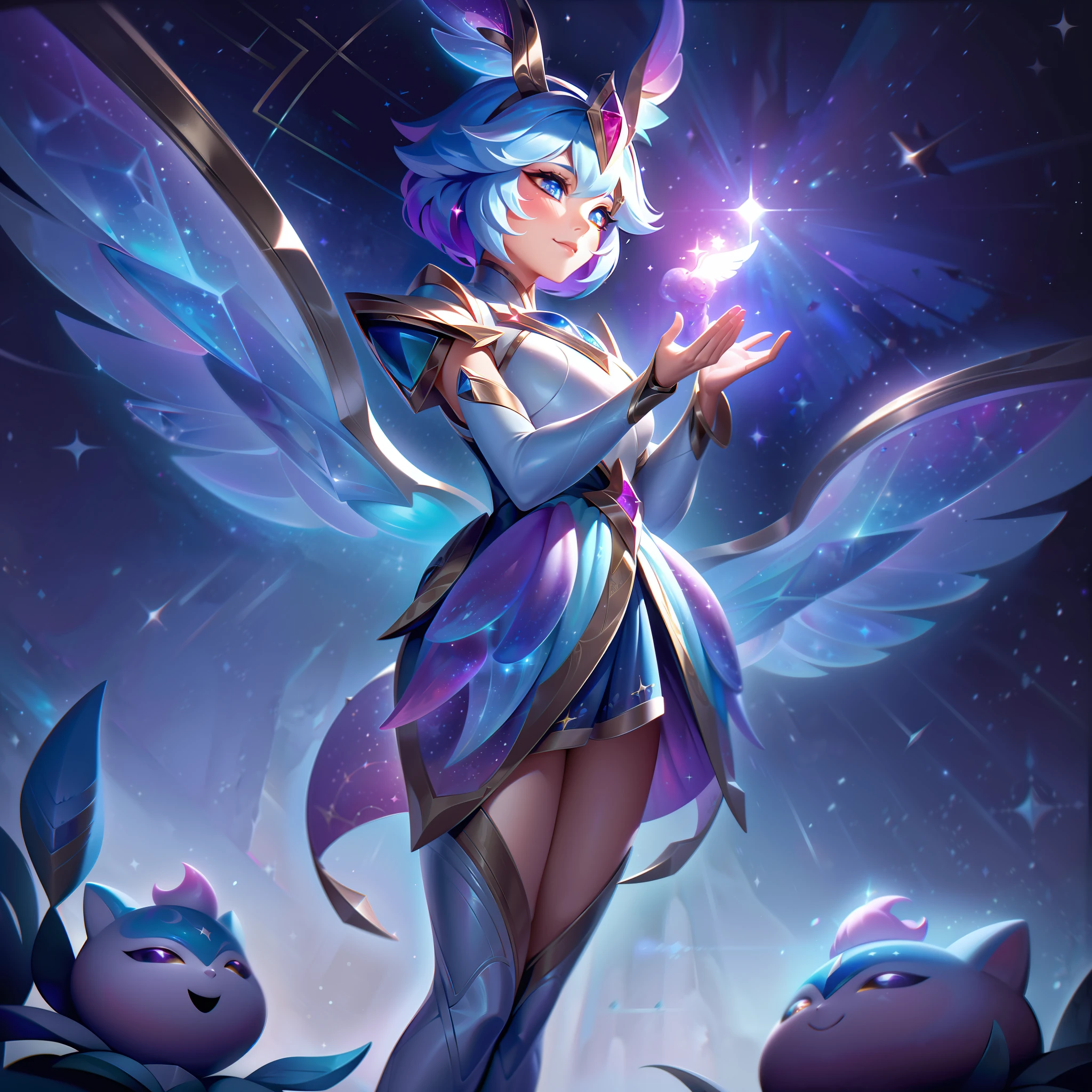 หนังในตำนาน "สตาร์การ์เดียน แบมบี้" เปลี่ยน Forest Sprite จอมซนให้กลายเป็น Star Guardian ที่เปล่งประกายและมีมนต์ขลัง, รวบรวมพลังแห่งดวงดาวและจิตวิญญาณแห่งการปกป้อง.

ในศิลปะสาด, รูปลักษณ์ของ Baembi ผ่านการเปลี่ยนแปลงอันน่าทึ่ง. ตอนนี้เธอยืนหยัดเป็น Star Guardian ที่เปล่งประกาย, ประดับด้วยชุดเกราะรูปท้องฟ้าและอร่ามด้วยลวดลายดวงดาว. เสื้อผ้าของเธอมีการออกแบบที่หรูหราของดวงดาวและกลุ่มดาว, เป็นสัญลักษณ์ของการเชื่อมต่อของเธอกับจักรวาล.

ดวงตาของเบมบี้ระยิบระยับด้วยแสงจากสวรรค์, สะท้อนถึงบทบาทของเธอในฐานะผู้พิทักษ์ดวงดาว. ท่าทางของเธอแสดงออกถึงความมั่นใจและความมุ่งมั่น, ราวกับว่าเธอพร้อมที่จะปกป้องพันธมิตรของเธอและรักษาสมดุลของจักรวาล.

ปีกของเธอได้กลายมาเป็นโครงสร้างที่ส่องสว่างและมีสีรุ้ง, เปล่งประกายด้วยแสงดาวและพลังงานจักรวาล.

ในพื้นหลัง, ท้องฟ้ายามราตรีที่เต็มไปด้วยมนต์ขลังเผยออกมา, มีดาวระยิบระยับและกลุ่มดาวที่ส่องแสง, เพิ่มความรู้สึกมหัศจรรย์และความงามของจักรวาล.

จานสีเป็นการผสมผสานที่น่าดึงดูดของเฉดสีจักรวาล, นำเสนอเพลงบลูส์ลึก, สีม่วง, และแสงดาวอันสุกใส, สร้างบรรยากาศอันน่าหลงใหลและราวกับอยู่ในโลกอื่น.