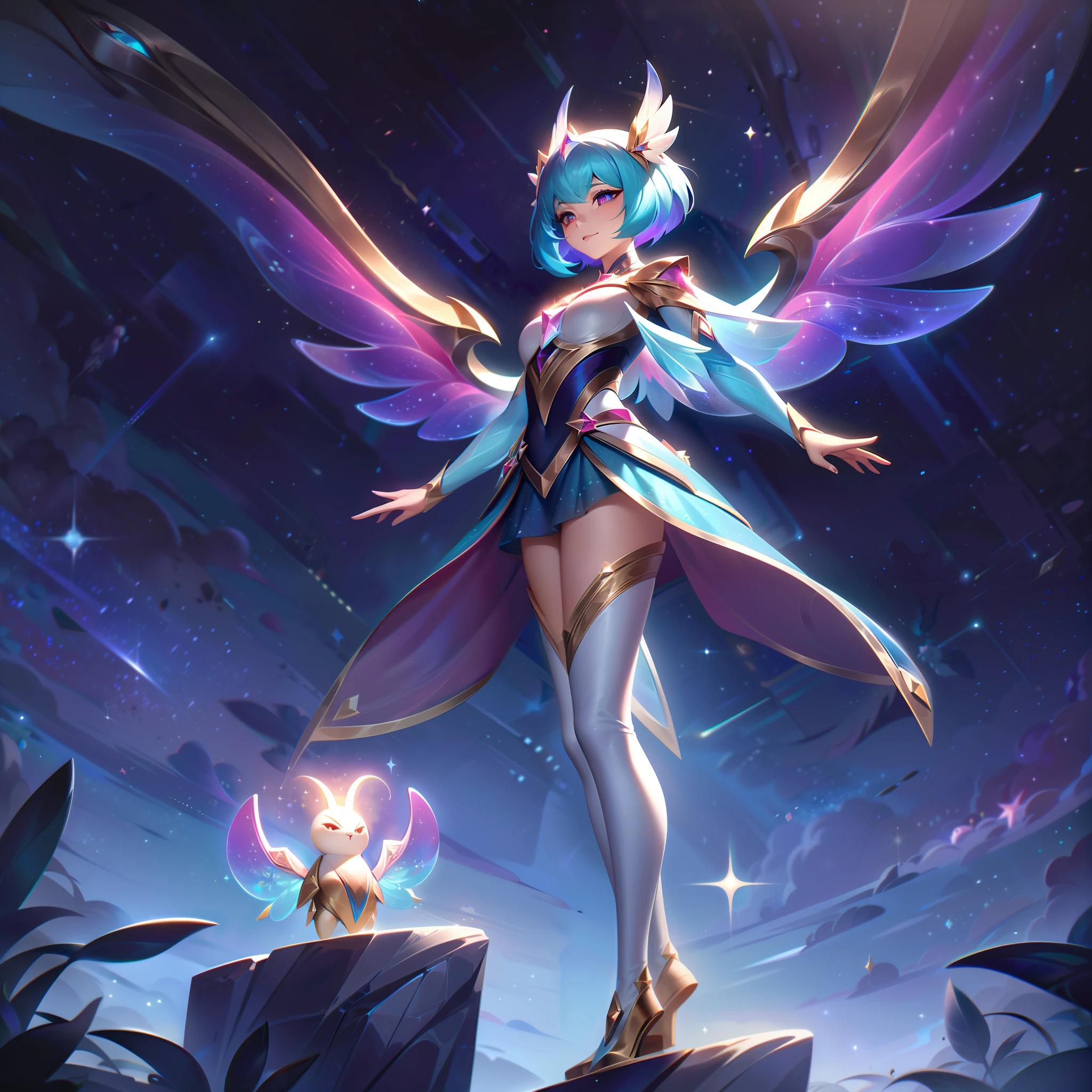 Le skin légendaire "Baembi, gardien des étoiles" transforme l&#39;espiègle Sprite de la forêt en un Star Guardian radieux et magique, incarnant le pouvoir des étoiles et l&#39;esprit de protection.

Dans le splash art, L&#39;apparence de Baembi subit une métamorphose étonnante. Elle se présente désormais comme une radieuse Star Guardian, orné d&#39;une armure au thème céleste et resplendissant de motifs étoilés. Ses vêtements présentent des motifs élégants d&#39;étoiles et de constellations, symbolisant sa connexion avec le cosmos.

Les yeux de Baembi scintillent d&#39;une lumière céleste, reflétant son rôle de gardienne des étoiles. Sa pose respire la confiance et la détermination, comme si elle était prête à défendre ses alliés et à maintenir l&#39;équilibre de l&#39;univers.

Ses ailes se sont transformées en structures lumineuses et irisées, rayonnant de lumière des étoiles et d&#39;énergie cosmique.

En arrière-plan, un ciel étoilé magique se dévoile, avec des étoiles scintillantes et des constellations lumineuses, ajoutant au sentiment d&#39;émerveillement et de beauté cosmique.

La palette de couleurs est un mélange captivant de teintes cosmiques, avec un blues profond, violets, et de brillants éclats de lumière des étoiles, créer une atmosphère enchanteresse et surnaturelle.