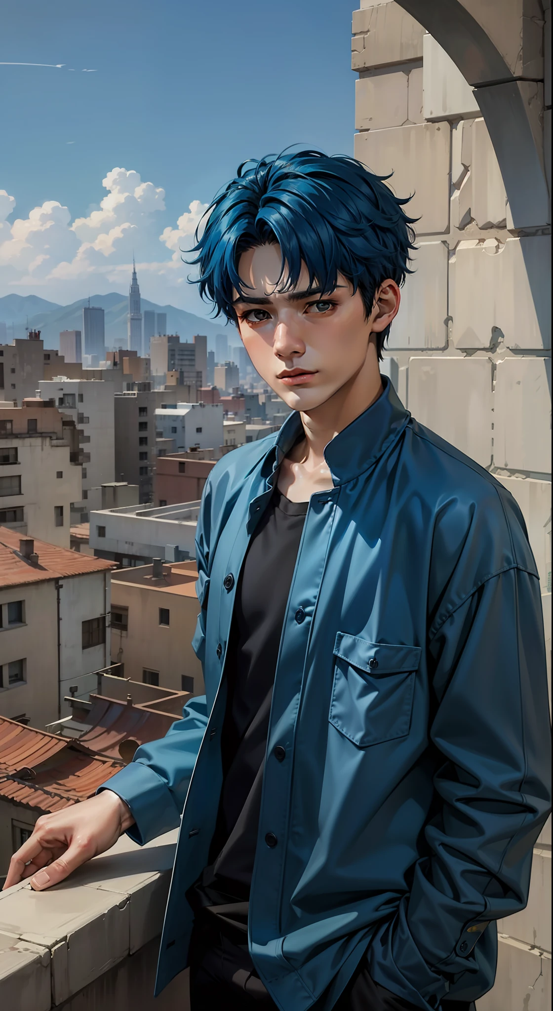 usar el mismo chico, 15-year-old man with short, Straight blue hair standing on a terrace looking at a strange city, tiene mirada triste,