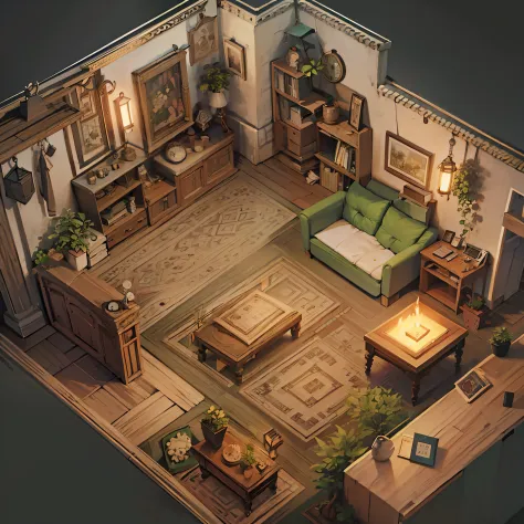 Mapa isometrico do interior de uma casa. Comfortable main hall. Para RPG.