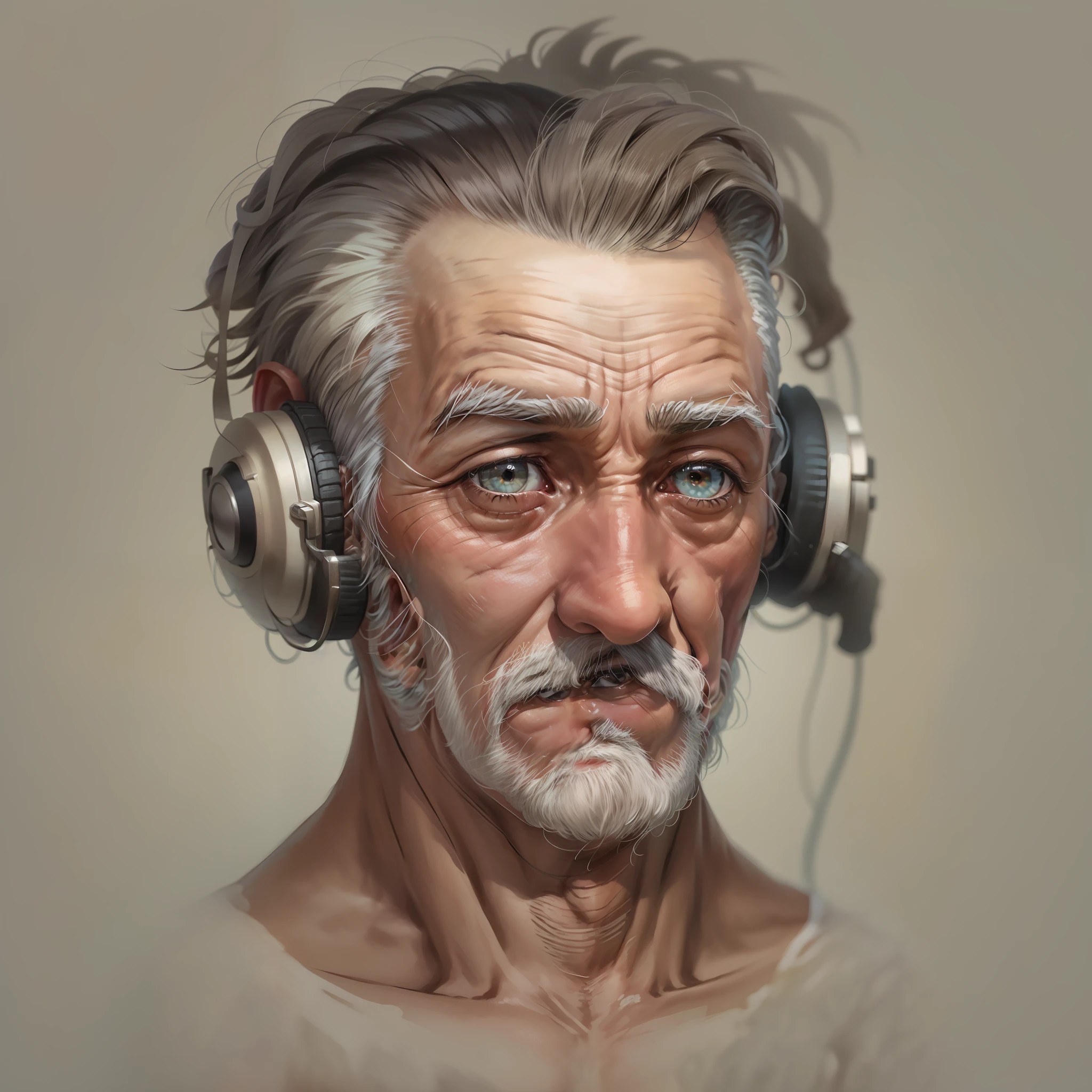 personnage masculin,visage détaillé, vieil homme ,cheveux gris,yeux marrons,Conteur,casque,demi-corps