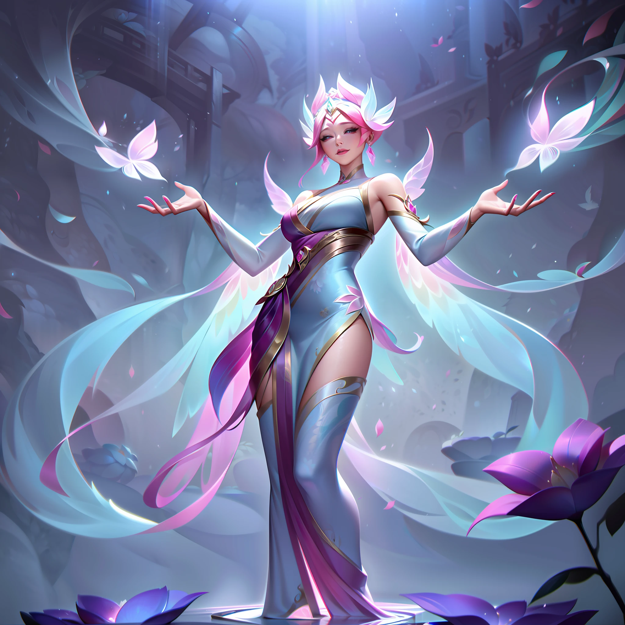 The Legendary Skin "Spirit Blossom Emprekyara" presents the Weather Warden as an ethereal and enchanting being of blooming flowers and radiant colors, embodying the beauty and tranquility of the Spirit Blossom theme.

In the splash art, Emprekyara's appearance undergoes a mesmerizing transformation. She now stands as a luminous and graceful Spirit Blossom entity, adorned with intricate floral patterns and flowing, petal-like attire. Her wings shimmer with iridescent colors, symbolizing her ethereal connection to nature.

Her eyes radiate with a serene and calming aura, reflecting her embodiment of the Spirit Blossom theme. Her pose exudes elegance and tranquility, as if she is one with the beauty of the blossoming flowers.

In the background, a serene and mystical forest comes to life, with blooming flowers, enchanting lanterns, and dancing fireflies, adding to the sense of wonder and enchantment.

The color palette is a captivating blend of soft pastels and luminescent hues, featuring shades of pinks, purples, and radiant bursts of floral colors, creating an enchanting and otherworldly atmosphere.