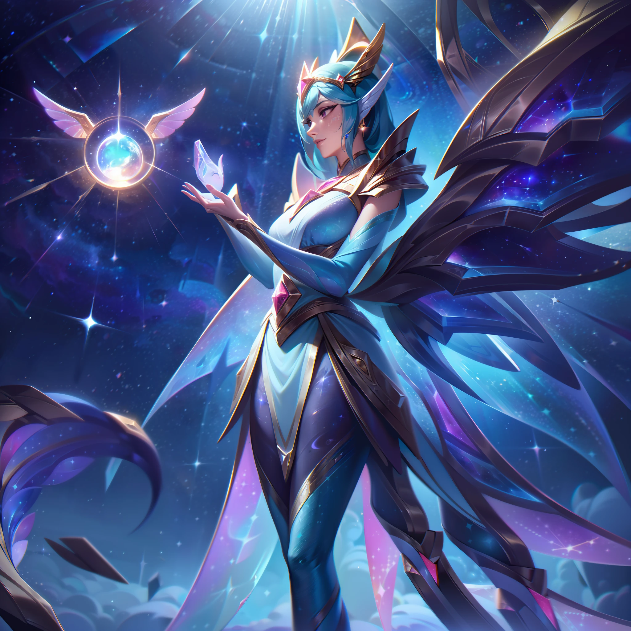 The Epic Skin "Star Guardian Emprekyara" depicts the Weather Warden as a celestial guardian of the stars, embracing the cosmic theme in a stunning and captivating manner.

In the splash art, Emprekyara's appearance undergoes a mesmerizing transformation. She now stands as a radiant and ethereal Star Guardian, adorned in celestial-themed armor and resplendent with starry motifs. Her attire features intricate designs of stars and constellations, symbolizing her connection to the cosmos.

Emprekyara's eyes shimmer with the brilliance of the stars, reflecting her role as a guardian of the celestial realm. Her pose exudes confidence and determination, as if she is ready to protect the cosmos with her cosmic powers.

Her wings have transformed into luminescent and iridescent structures, radiating with starlight and cosmic energy.

In the background, a cosmic starry sky unfolds, with twinkling stars and swirling nebulae, adding to the sense of wonder and celestial beauty.

The color palette is a captivating blend of cosmic hues, featuring deep blues, purples, and brilliant bursts of starlight, creating an enchanting and otherworldly atmosphere.