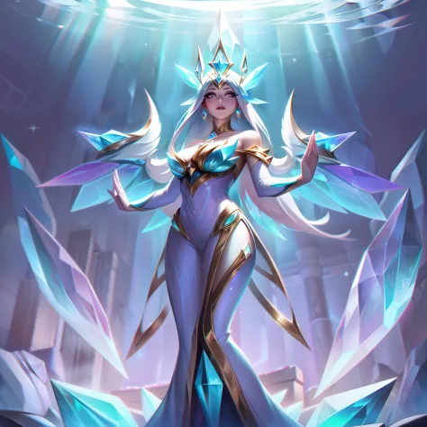 The Epic Skin "Crystal Empress Emprekyara" depicts the Weather Warden as a majestic and regal being of crystalline beauty, embod...