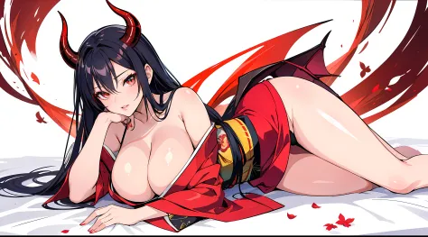 anime girl with horns and red glowing eyes, seductive look, oppai, red kimono with flower pattern, large breasts, succubus, anime moe artstyle, white background, only character, red long hair
woman, EdobSuccubus, EdobSuccubusRed,
full body shot, lying on i...