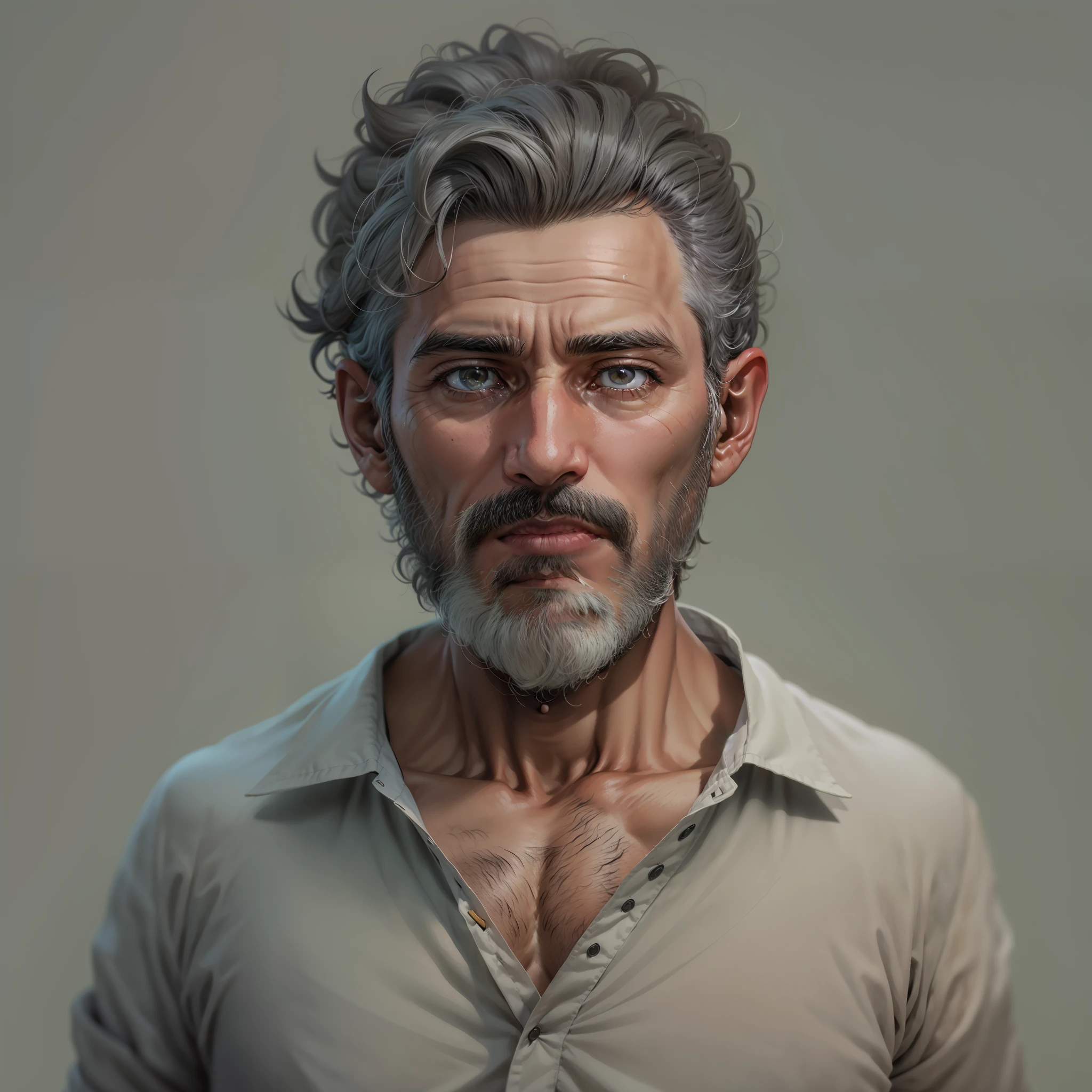 male character,face detailed, Old Man ,gray hair,eyes browns,storyteller,earphone,fully body,very highly detailed face,8k,ultra quality, greybeard,black long sleeve blouse, high collar