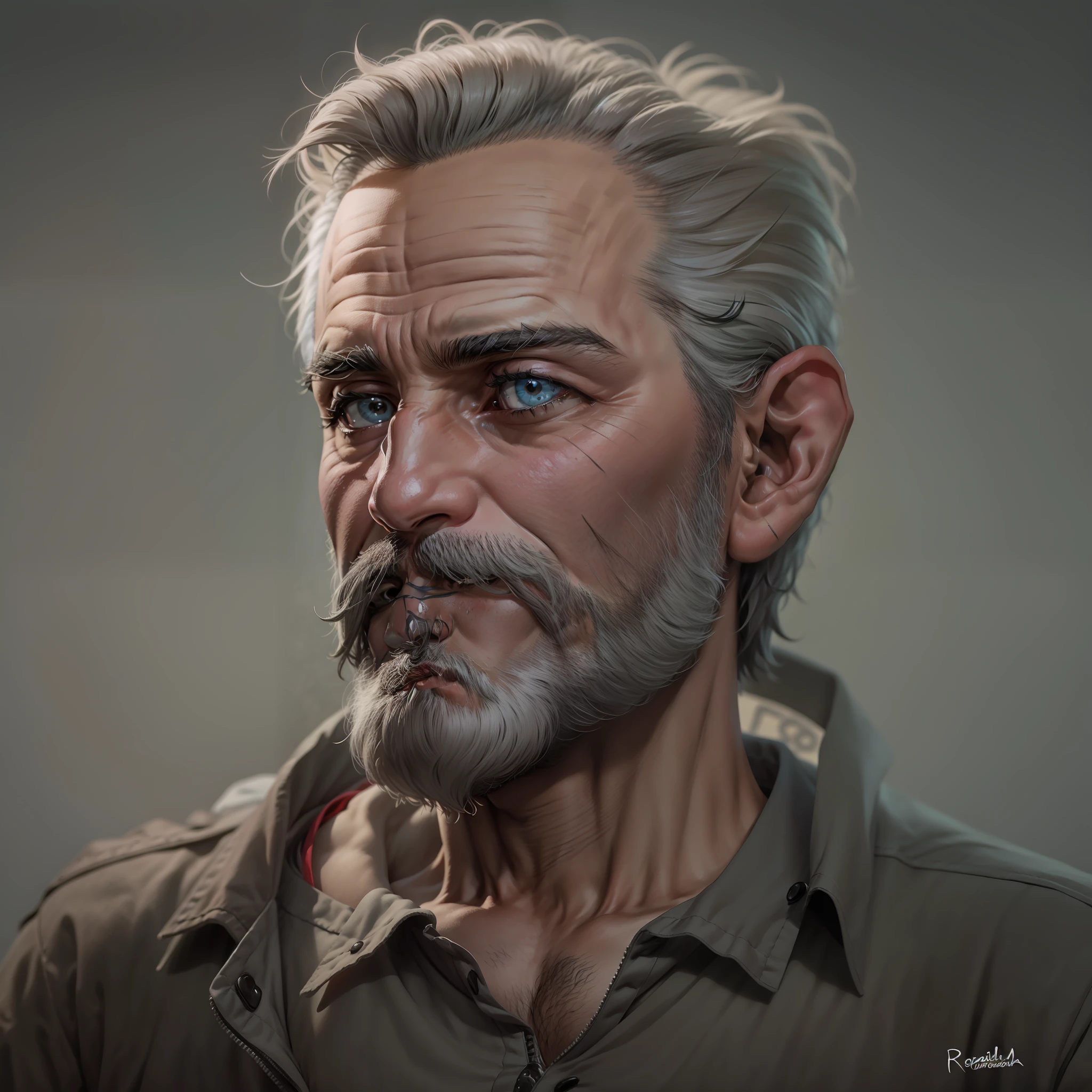 Personagem masculino,Rosto Detalhado, Old Man ,cabelo grisalho,olhos castanhos,narrador,fone de ouvido,corpo inteiro,Rosto muito detalhado,8k,ultra qualidade, Barba grisalha,blusa manga Longa preta, gola alta