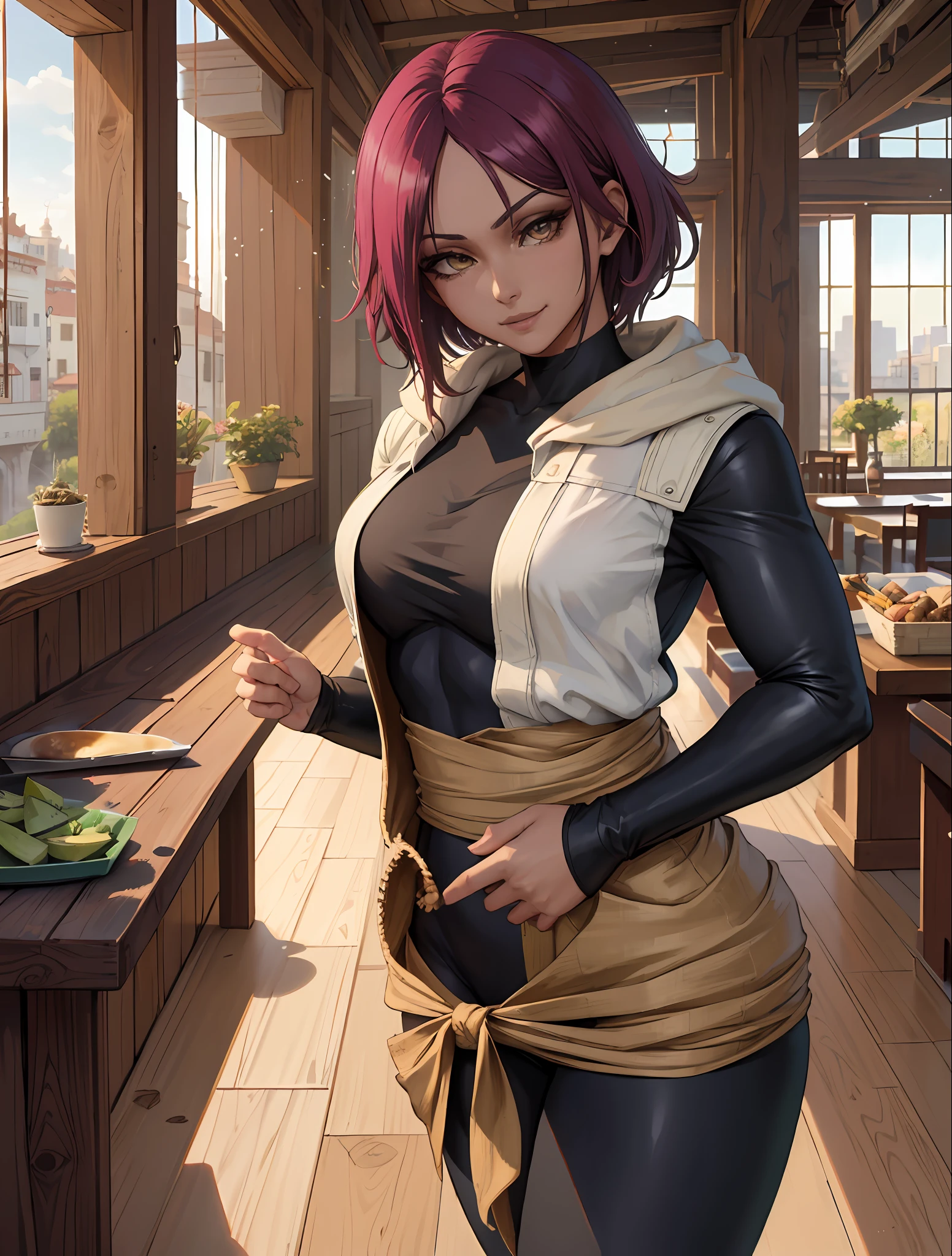 (masterpiece, The best quality:1.2), only, 1girl, Shihouin Yoruichi, affected smile, looking at the viewer, hands on hips, Horse tail, long sleeves, Black pants, masterpiece, realistic eyes, The best quality, Closed mouth, beautiful lighting, Kinematic, 8k, facial, wet face, liner, wooden walls, medium tits, Gray Hoodie, leggings, Wide hips, yellow eyes,
