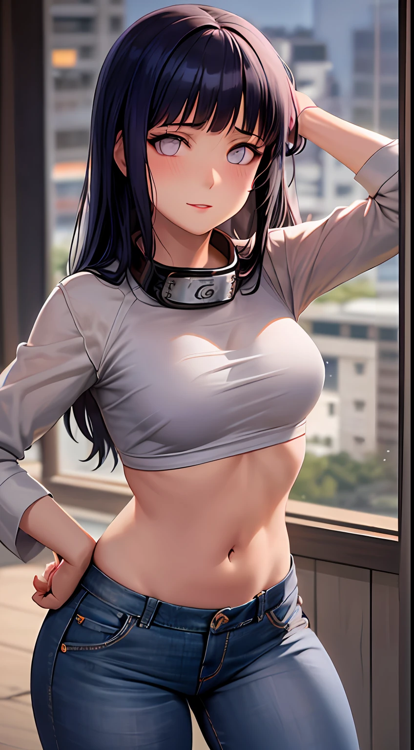 Masterpiece artwork, highres, high qualiy, face detailed, detailed body render, 1girl, standing alone, hyuuga hinata, hinata-sleevless-outfit, middlebreasts, shorth hair, Small thorax, wide hip, thick-thighs, wearing no shirt, No blouse, fully body, belly out, top, fishing net top, Dark lips, no-good, Breasts Out, Dope, standingn, Blushes, (in the bedroom), tight jeans