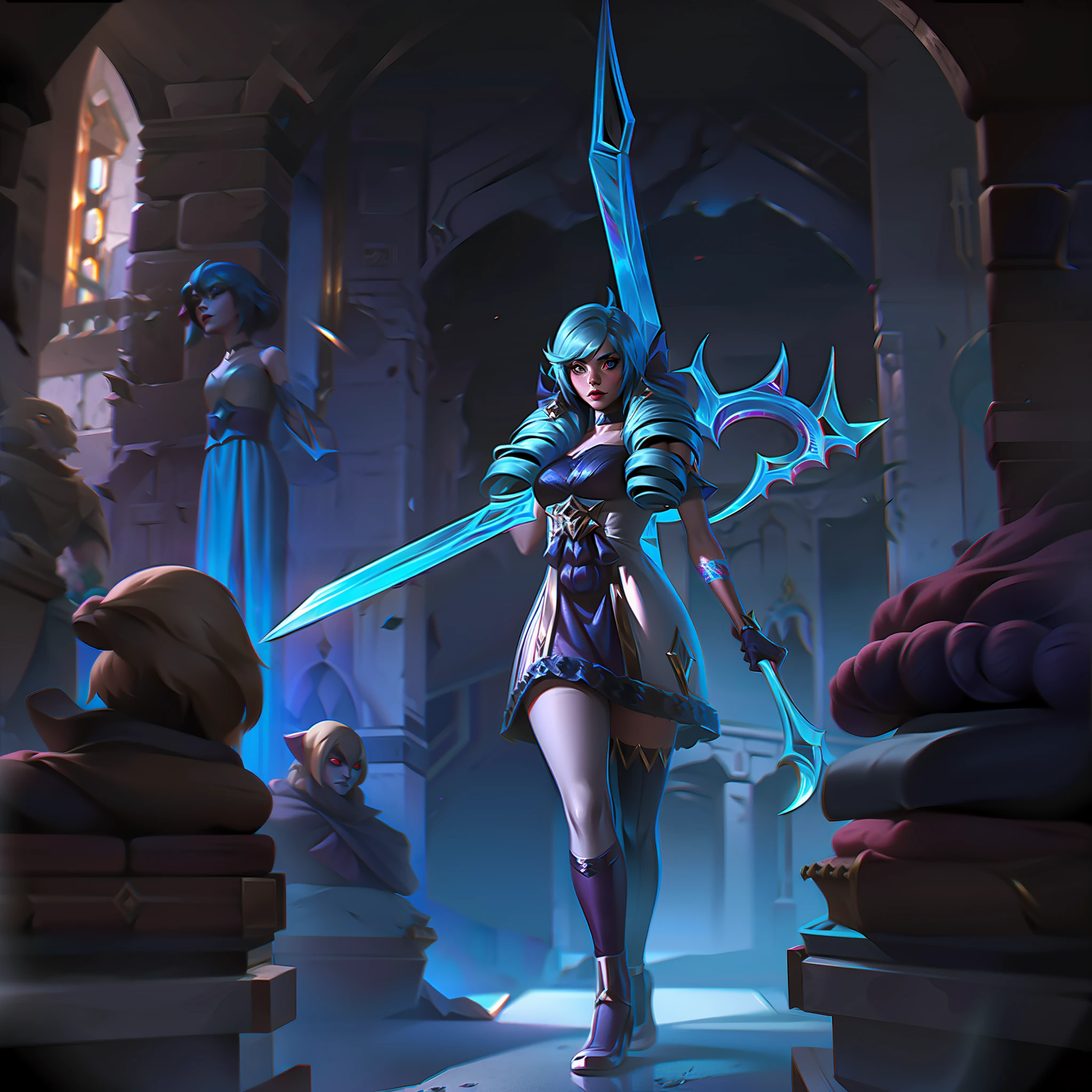 Gwen de League of legends , walking in the hallway of a cursed castle , cheio de chamas azuis , SPIRITS , terror , carrying a giant scissors in his hand