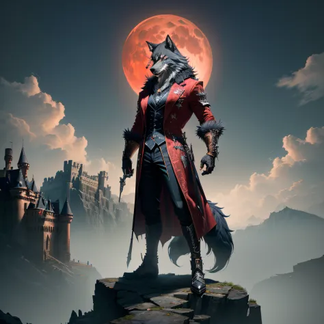 A werewolf dressed as a gangster standing on a cliff with wolves behind him, red moon in the sky, high detail, castle, masterpiece, (HDR)(wallpaper)(movie lighting)(sharp focus), masterpiece, best quality, (extremely detailed CG unity 8k wallpaper), (best ...