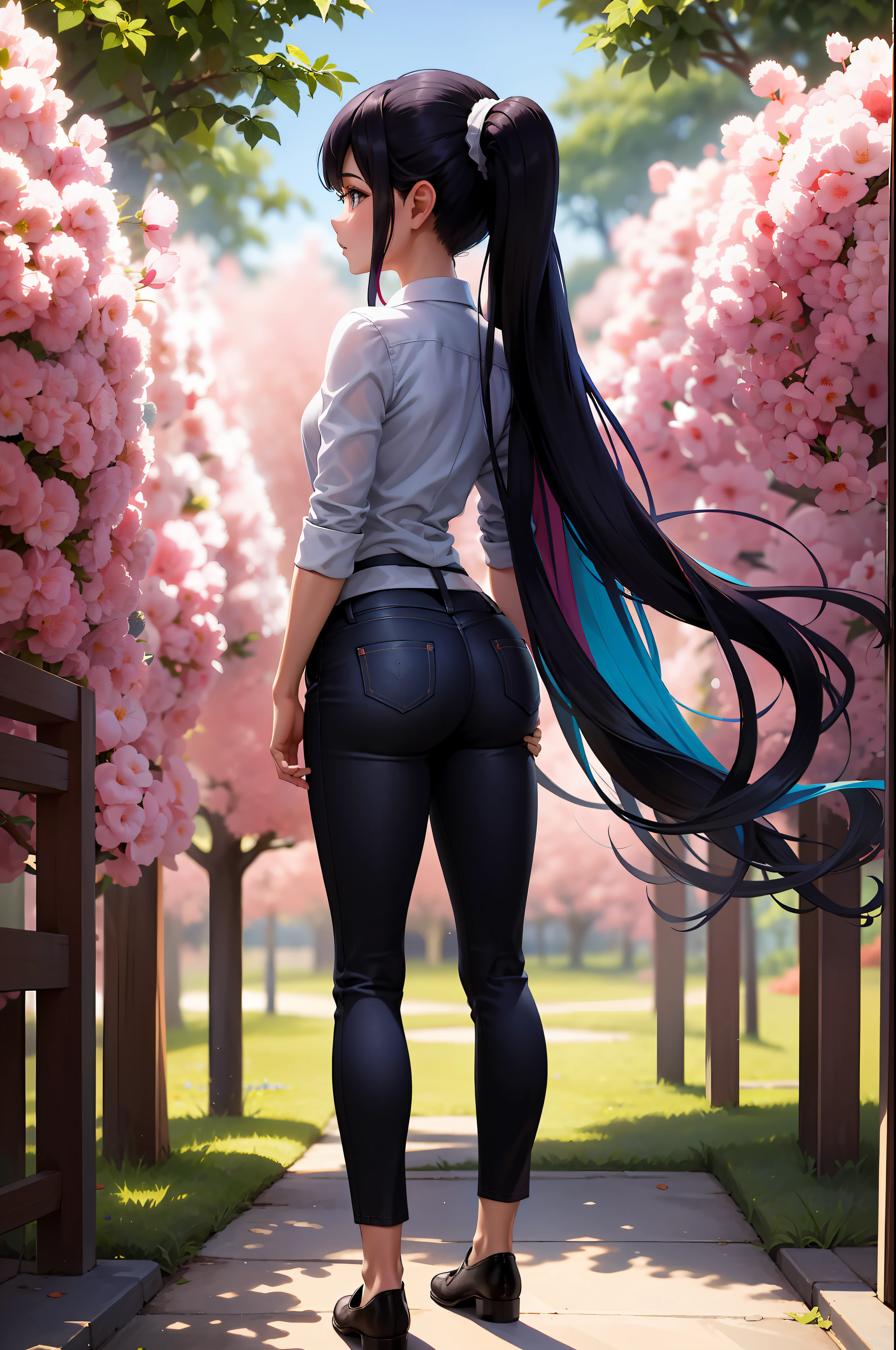 (Masterpiece, The best quality:1.2), only, 1girl, Running away, collared shirt, black tie, Black pants, Big, Wide hips, rear view, is, bare shoulders, ponytail, multicolored hair, very long hair, cherry blossom background, cherry blossom tree