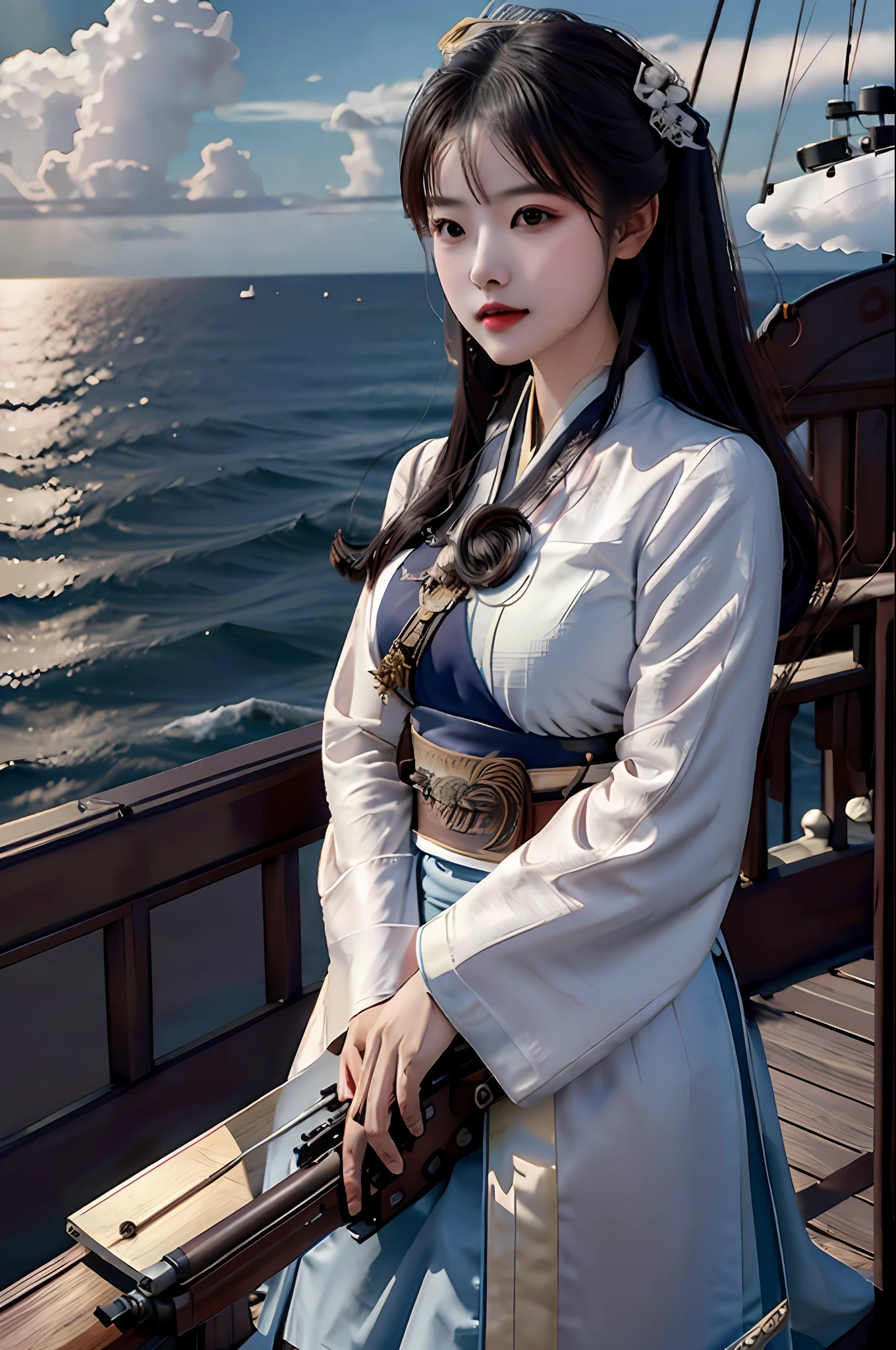 [((on ship deck,erjie,1girl,hanfu, alert,holding rifle,Aiming and shooting,from everywhere))],
masterpiece,highres, highest quality,intricate detail,best texture,realistic,8k,soft light,perfect shadow,
sea,sunny,cloudy,wind,wet, 
Age Of Wind,naval battle,conflict,bombard.firing,smoking,