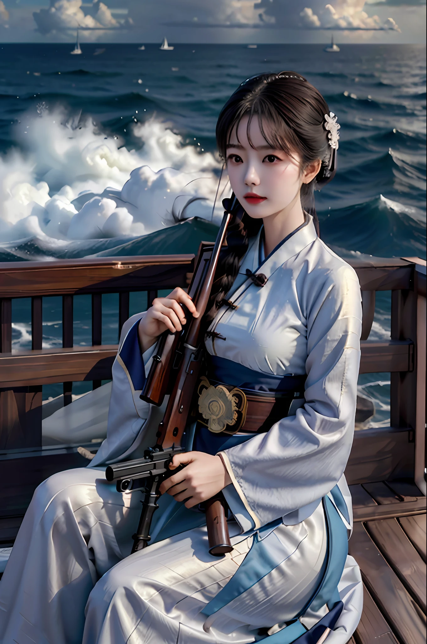 [((sur le pont du navire,Erjie,1fille,hanfu, alerte,tenant un fusil,Viser et tirer,de partout))],
chef-d&#39;œuvre,haute résolution, la plus haute qualité,détail complexe,Meilleure texture,Réaliste,8k,Lumière douce,ombre parfaite,
mer,ensoleillé,nuageux,Vent,mouillé, 
Âge du vent,bataille navale,conflit,bombarder.cuisson,fumeur,