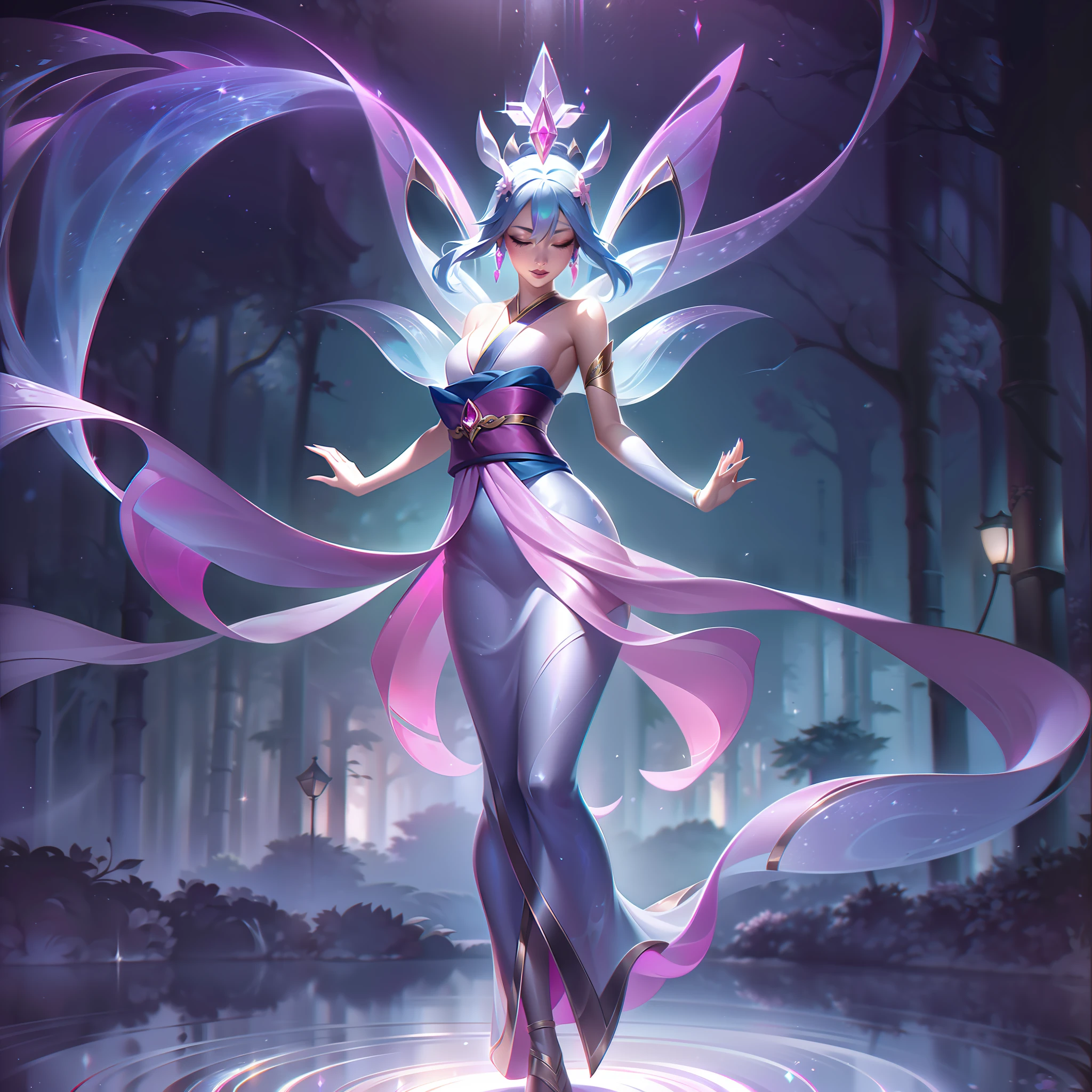 No encantador "flor espiritual" linha de pele, Lux, a Dama da Luminosidade de League of Legends, passa por uma transformação cativante. Sua aparência mantém a essência de sua beleza radiante, mas agora ela incorpora a graça etérea de uma flor celestial. Vestida com um intrincado manto inspirado em quimono, feito de pétalas iluminadas pela lua que mudam entre tons de azul iridescente e lavanda suave, Lux exala uma aura sobrenatural. ela delicada, asas opalescentes se espalham graciosamente atrás dela, assemelhando-se às asas finas de uma borboleta mítica. Adornado com joias de prata ornamentadas com delicados motivos de flores de cerejeira, cada movimento seu é acompanhado por uma cascata de poeira estelar luminescente. Os olhos de Lux brilham com um brilho suave, refletindo as estrelas cintilantes no céu noturno. Em pé no meio de um sereno bosque de bambu com cerejeiras em plena floração, o luar a banha com uma luminescência prateada, enquanto vaga-lumes cintilantes dançam alegremente ao seu redor, adicionando um toque de magia à cena. o atmosphere exudes tranquility, invocando um sentimento de admiração e reverência. o "flor espiritual" splash art captura Lux em um momento de serenidade, enquanto ela libera seu poder radiante sobre o mundo, uma verdadeira personificação da beleza celestial e da graça luminosa.