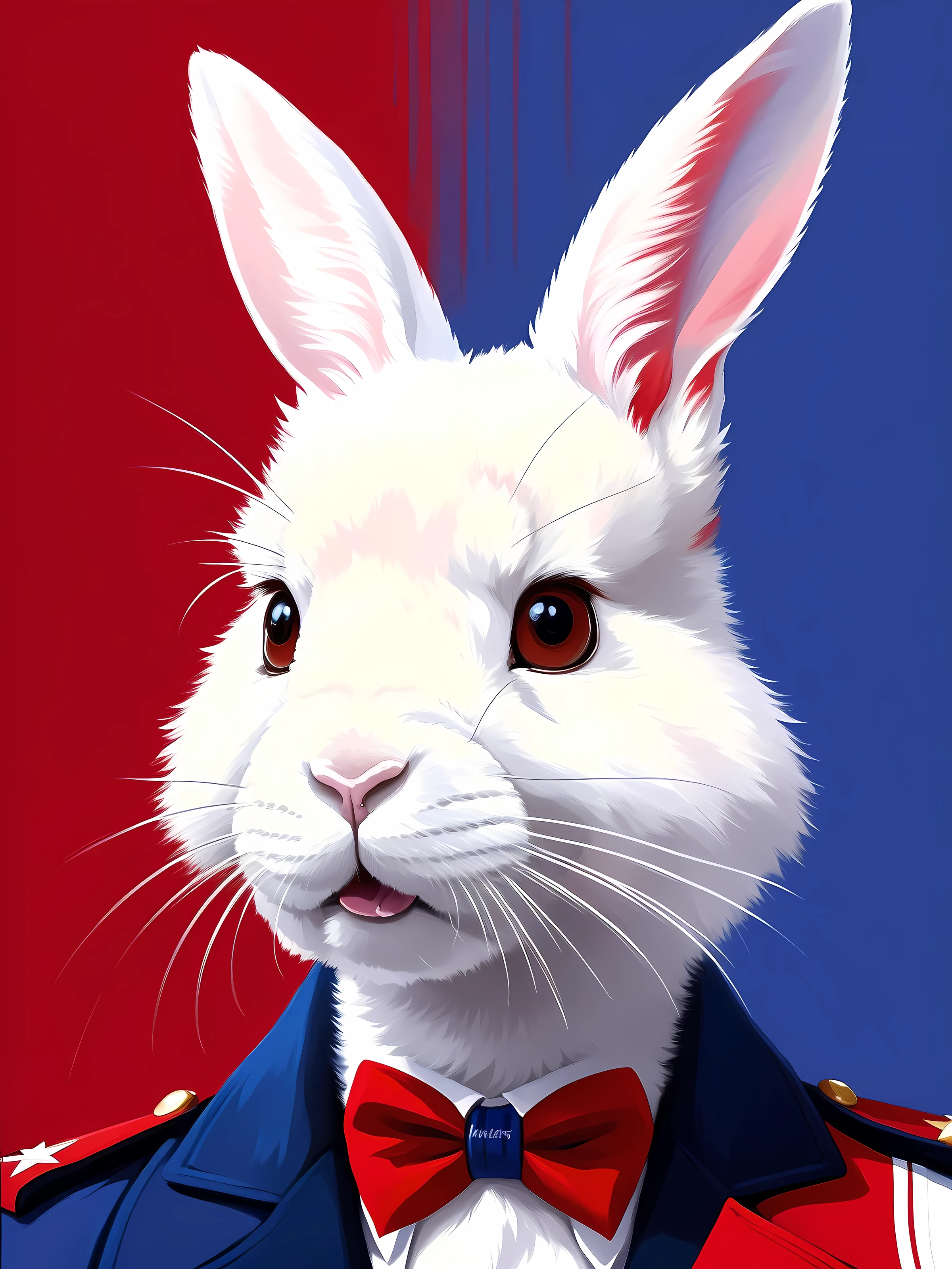 une peinture d'un lapin avec un manteau rouge, blanc et bleu sur sa tête et sa bouche, artgerme, station artistique deviantart, une sérigraphie, art à fourrure