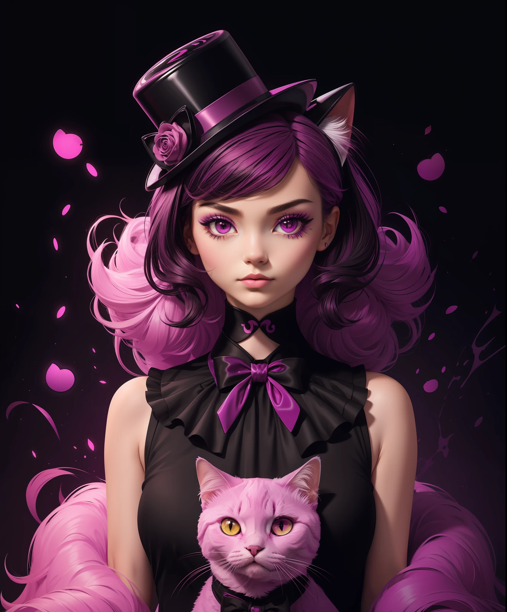 masterpiece, best quality, ultra high res, a cute cat, animal, beautiful, visually stunning, elegant, incredible details, award-winning painting, high contrast, vector art, line art, splatter, flat color, color merge gradient, (kitten:0.7), (dark magenta theme:1.2), n3on, glowing, neon, (fluffy:1.2), top hat, cat eyes, serious, violet, (no humans:1.4)