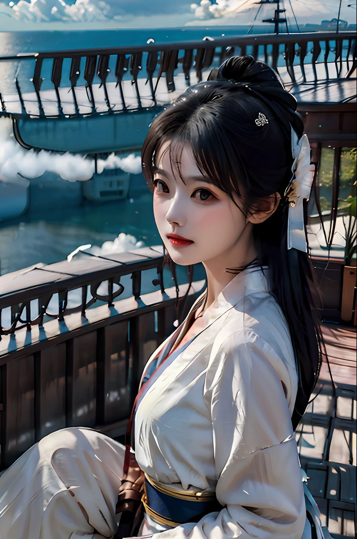 [（（On the deck of the ship，Erjie，1girll，Hanfu，alert，Take the flute，From all sides））]，
tmasterpiece，A high resolution，HighestQuali，Complicated details，Best Textures，realisticlying，8K，the soft light，perfect shadow，
Mare，Sunnyday，The cloudy，ventania，dampness，
Age of the Wind，naval battles，conflict，bombing，shooting，，looking toward the viewer