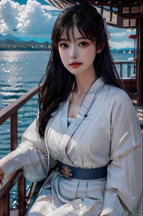 [（（On the deck of the ship，Erjie，1girll，Hanfu，alert，Take the flute，From all sides））]，
tmasterpiece，A high resolution，HighestQual...