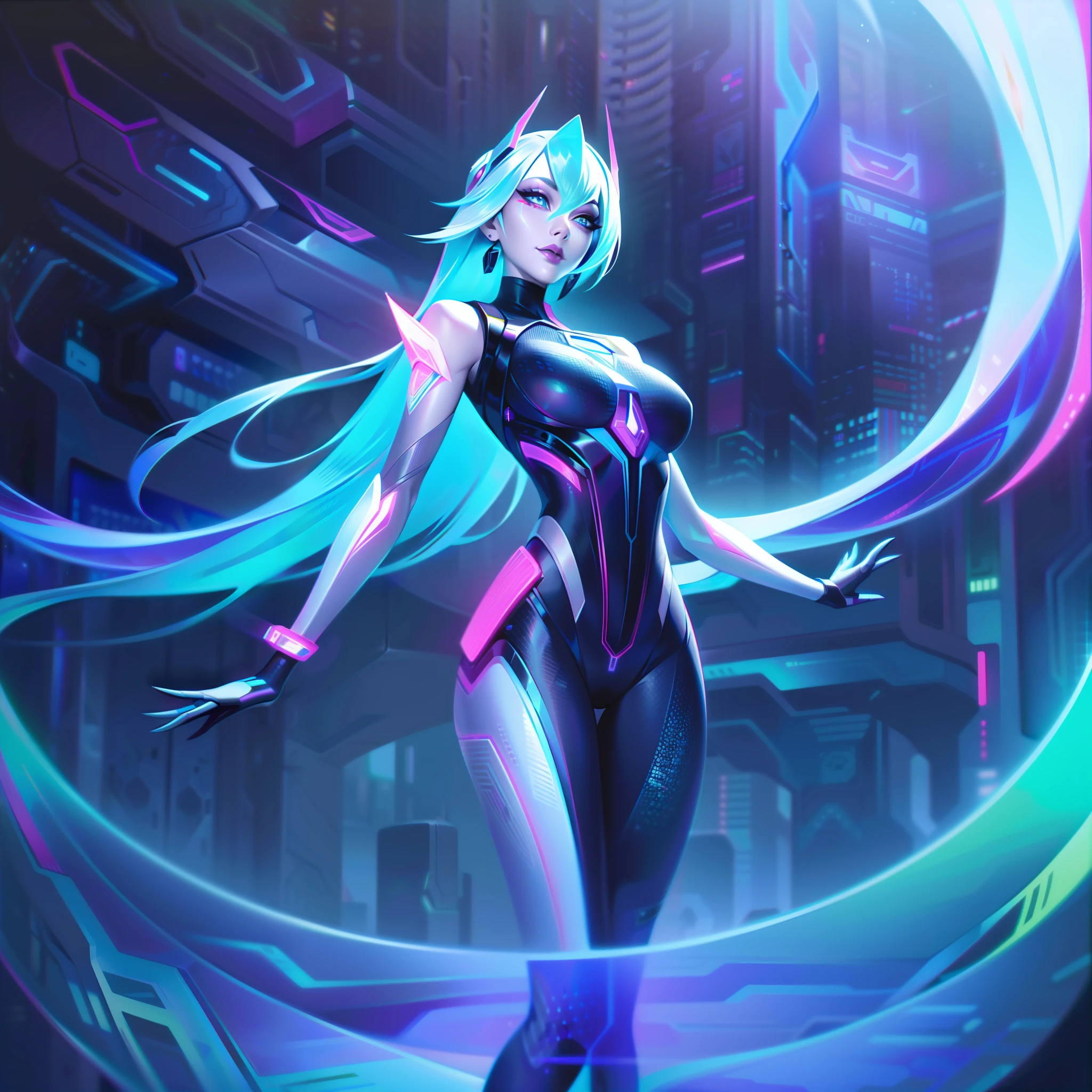 In the futuristic "Cybernetic" skinline, Lux, the Lady of Luminosity from League of Legends, undergoes a stunning technological metamorphosis. Her appearance retains her signature elegance while embracing the sleek aesthetics of advanced cyber enhancements. Lux dons a form-fitting, luminous cyber-suit with interwoven circuit patterns that emanate a vibrant neon glow, symbolizing her connection to the digital realm. Her holographic wings, inspired by iridescent nanotech, flutter behind her, projecting mesmerizing patterns of light. Her eyes gleam with augmented brilliance, displaying intricate holographic displays that reveal her inner power. Adorned with neon trims and circuitry tattoos across her arms and face, she stands as a beacon of technological prowess. The backdrop showcases a sprawling metropolis, teeming with holographic advertisements and skyscrapers piercing the night sky. Neon lights and data streams surround Lux, emphasizing her seamless integration with the cybernetic landscape. In this "Cybernetic" splash art, Lux stands tall as a digital guardian, exuding a captivating blend of technological mastery and her timeless essence of luminous grace.