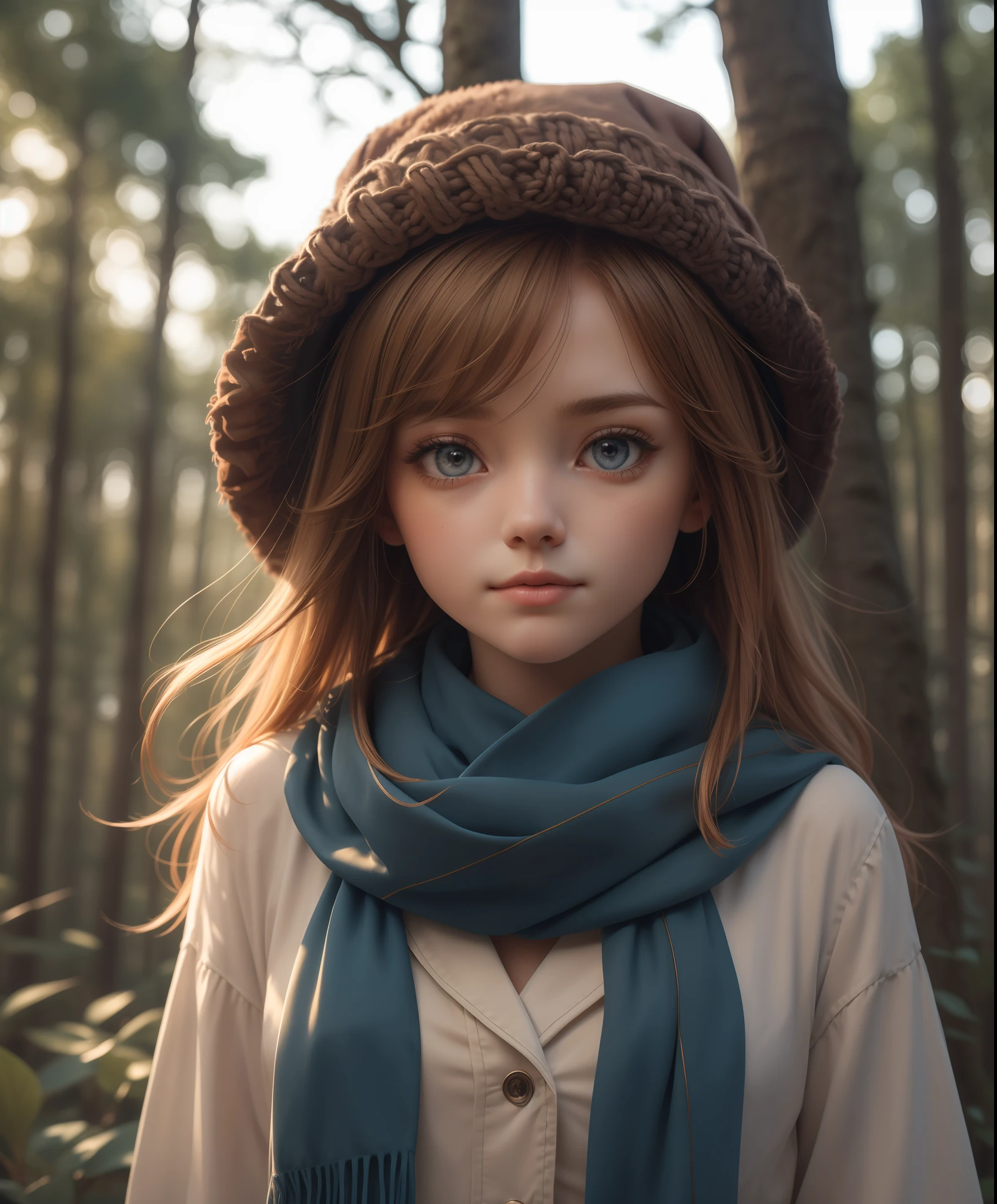 (masterpiece:1.1), (highest quality:1.1), (HDR:1.0), (masterpiece photo:1.3) of (ultra detailed look:1.3), (cosy:1), a cute and adorable tiny fox, in forest, close up, detailed eyes, sharp focus, blue scarf, cute hat, (airy colors)