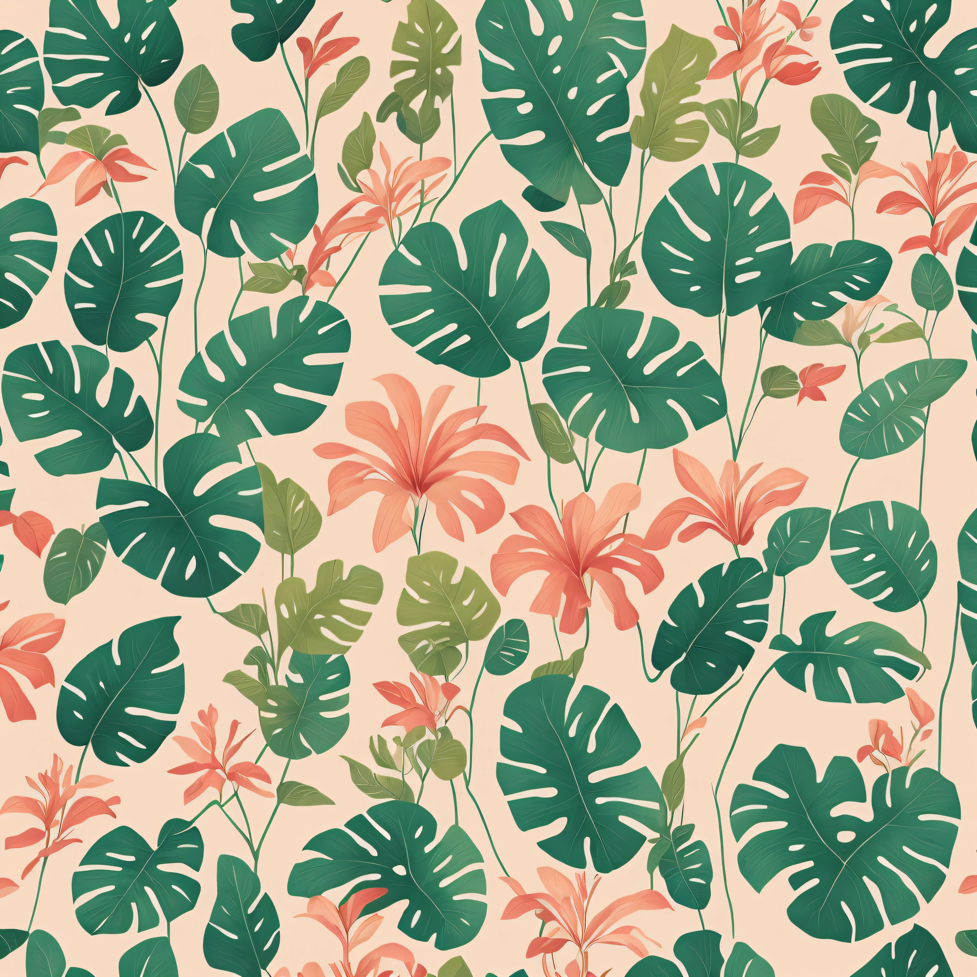 Botanical print, pastel beige, pale pink, tropical plants