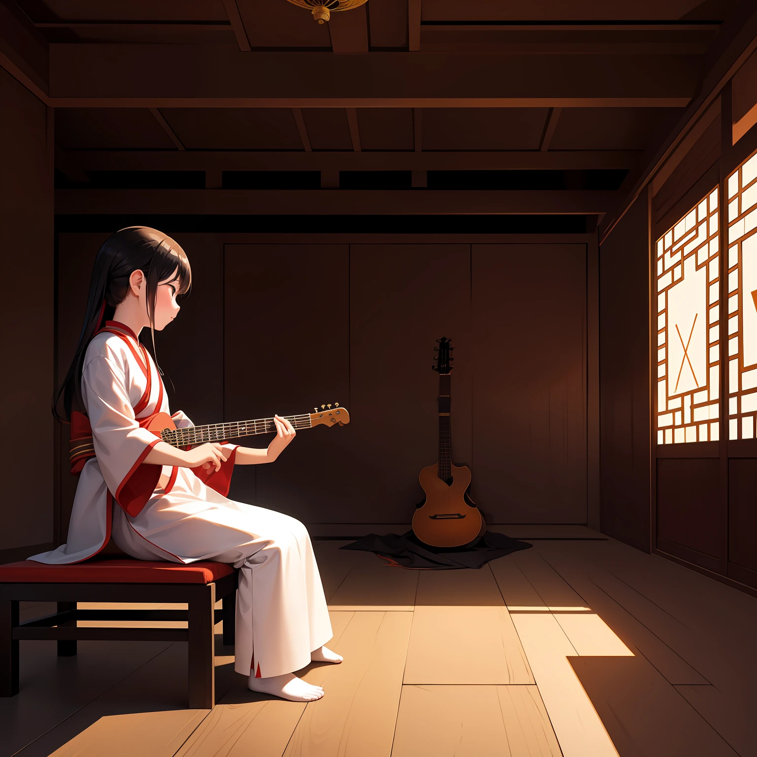 little girl in traditional chinese clothing is playing a musical instrument, in the style of richard serra, the stars art group (xing xing), kōji morimoto, flickr, zen buddhism influence, camille corot, neo-academism