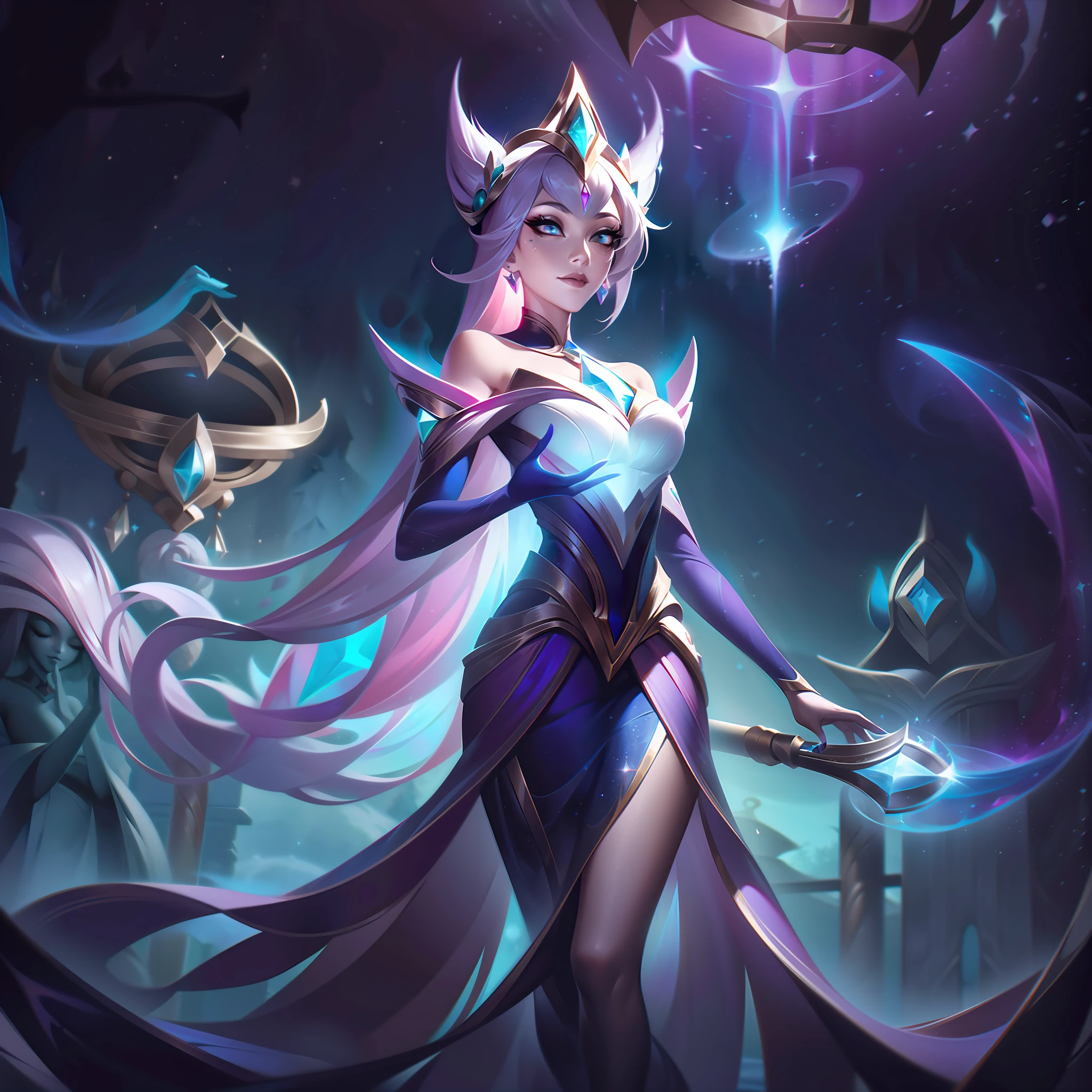 In the enchanting "Bewitching" skinline, Lux, the Lady of Luminosity from League of Legends, undergoes a mesmerizing transformation that retains her essence while embracing a captivating aura of magic and sorcery. Lux is adorned in an elegant, flowing gown reminiscent of midnight skies, adorned with shimmering stars and swirling constellations. Her hair cascades in lustrous waves, adorned with celestial accessories that emit a gentle glow. Her staff is now a mystical scepter, topped with a glowing crystal orb that channels the power of the cosmos. Her eyes sparkle with arcane brilliance, reflecting the secrets of the universe. The background depicts an enchanted forest at twilight, with tall, ancient trees forming a majestic canopy overhead, and fireflies twinkling like stars. Wisps of magical energy dance among the foliage, and a full moon illuminates the scene with a soft, silvery light. Amidst the enchanting ambiance, Lux stands tall, exuding an alluring and powerful presence as the "Bewitching" mage. In this captivating "Bewitching" splash art, Lux embodies the allure of the mystical and the enchantment of the night, captivating all who lay eyes on her with her radiant grace and magical prowess.