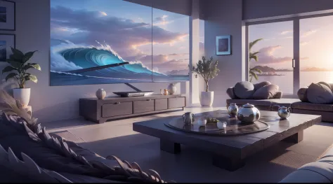 living room of the future, strong sense of technology, sofa, coffee table, tv with surf waves, (panorama), potted plants, backli...