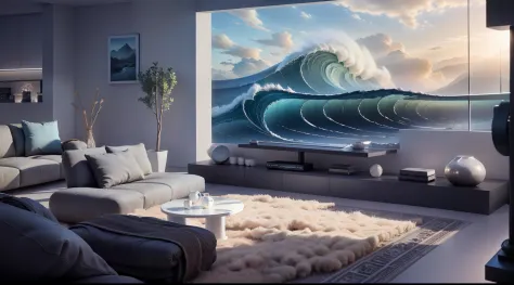 Living room of the future, strong sense of technology, sofa, coffee table, TV with surf waves, (panorama), potted plants, backli...