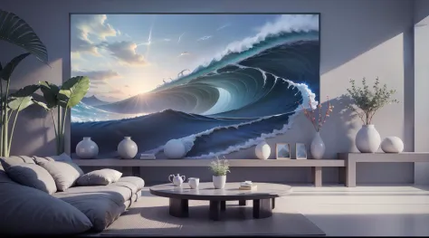 Living room of the future, strong sense of technology, sofa, coffee table, TV with surf waves, (panorama), potted plants, backli...