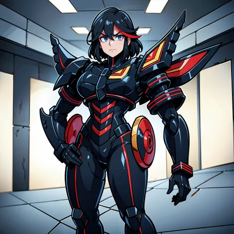 Kill La Kill_Character_Ryuuko, White and Dark Red Captain outfit with a wide and large cuirass, styled in heavy Gundam armor and Officer-style outfit (Extremely Bulky Armor), standing in large central room