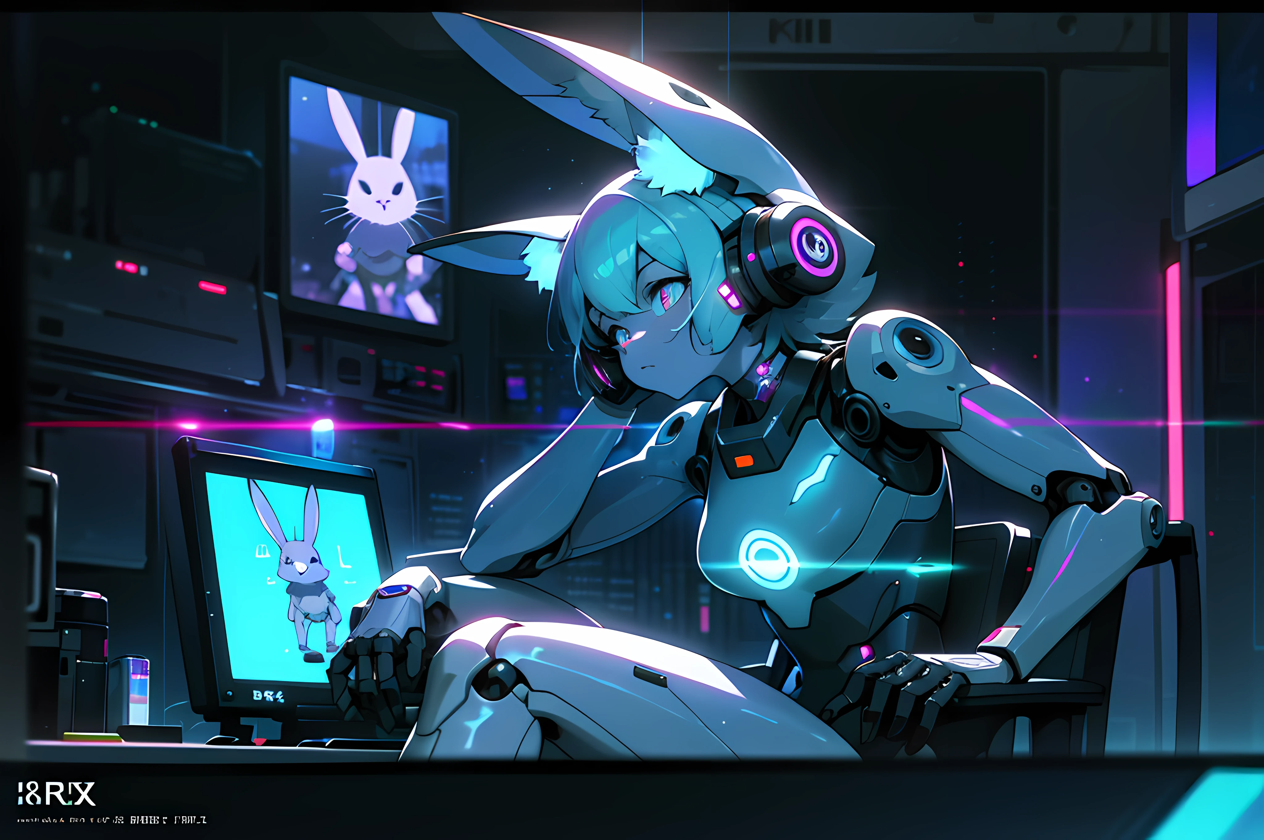 a digital painting of a cyberpunk anthro kemono furry blue rabbit girl, cyberpunk art by Josan Gonzalez, behance contest winner, afrofuturism, synthwave, neon, glowing neon, crt screencap of a cel animation still from a 1980s neon dystopian anime about a cyberpunk anthro kemono furry blue rabbit girl who patrols the streets looking for criminal robots, (blame! style abandoned tech landscape), (Zen, Amy Sol style), (((beats to relax/study to))), (((Lofi anthro kemono blue-furred rabbit girl in power armor sitting in metal chair behind computer terminal, behind giant glass terminal screen, beats to relax/study to))), (((blue kemono beastars furry rabbit anime hacker with small soft furry paws))), (((suspended glass cyberpunk computer terminals with robot rabbit in background))), ((glowing cyberdeck screens)), (underground, dark, foggy, perilous, abandoned dystopian apartment bedroom, deep windows), (abstract anthro rabbit figure wearing bunny ears), cover art with light abstraction, abstract, simple vector art, contemporary Cybernetic art, color gradients, soft color palettes, layered forms, whimsical animation, style Ethereal abstract, 4K, --v6