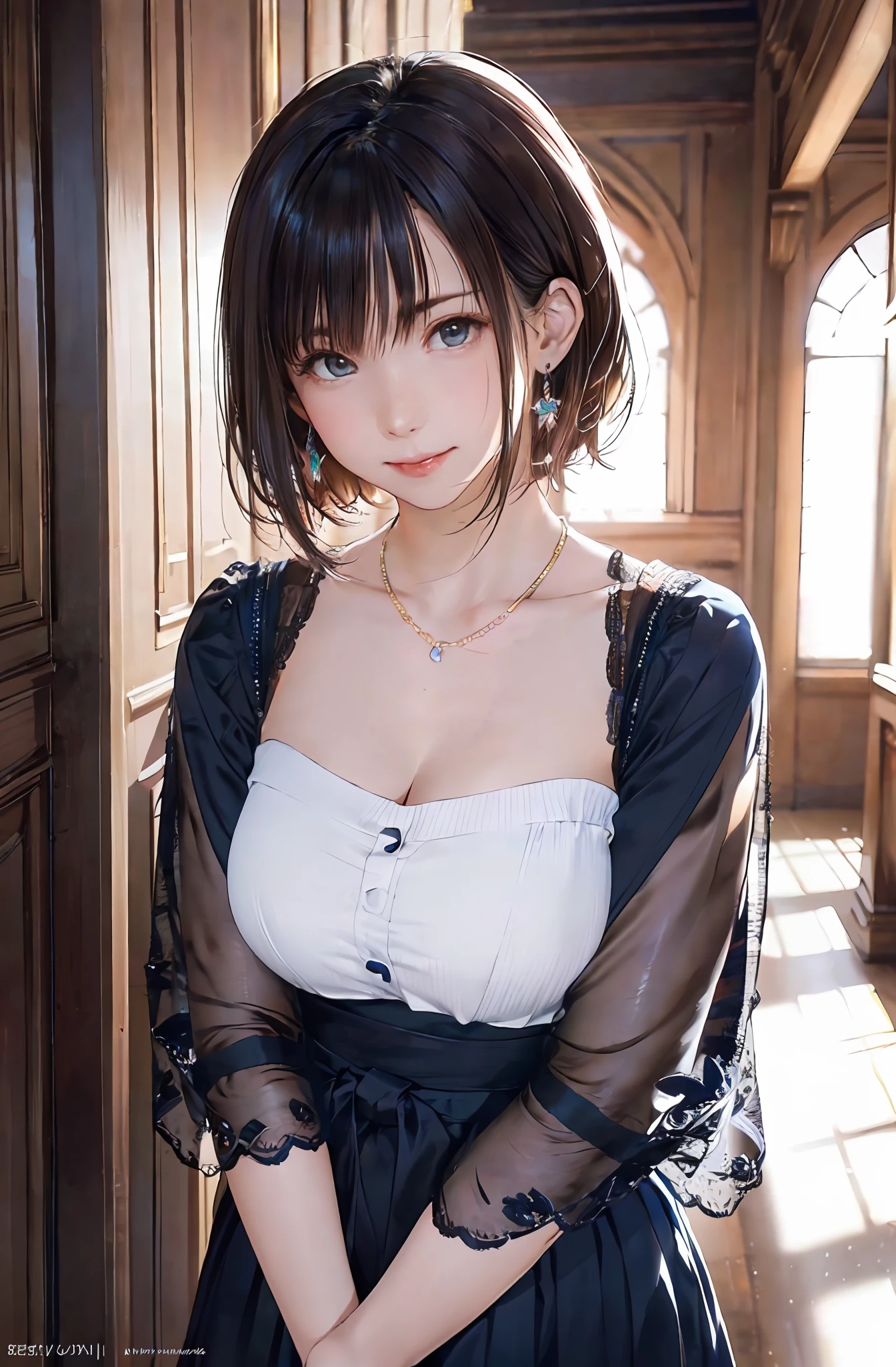 Fine-grained skin、Sharp Focus、(lighting like a movie)、Soft lighting、dynamic ungle、(Face Details:1.2)、large full breasts、Photorealsitic、(8K、Raw photography、top-quality、​masterpiece:1.2)、The ultra-detailed、超A high resolution、(Realistic and realistic photos:1.37)、portlate、high-definition RAW color photography、professional photograpy、extremely delicate and beautiful、ighly detailed、8K Picture Wallpaper、astonishing、finely detail、huge filesize、beatiful detailed eyes、double eyelid、Dynamic lighting、very detailed beautiful girls、、1 girl in、(18year old:1.2)、Realistic body、Petite、fair white skin、shinny skin、Good figure、Natural face、(embarrassed from、full of shyness、A smile:1.2)、((dynamicposes:1.2 、1girl in, solo, jewely, Detached sleeve, a necklace, blue-beaded earring, Hakama Skirt Pot、 超A high resolution、a picture、Photorealsitic、ighly detailed、A detailed face、Cute Woman Solo、the royal palace、​masterpiece、hightquality、gorgeous goddess、bob cuts、 Charming and、Charming and、dream-like、Royal cloak、thick bangs、Beautiful skin))