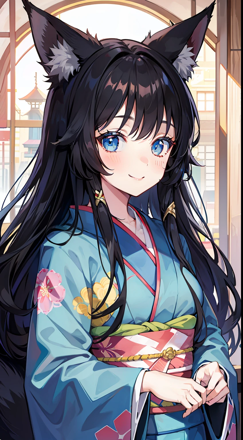 young girl, long curly black hair, Fox ears, Foxtail, blue eyes - SeaArt AI