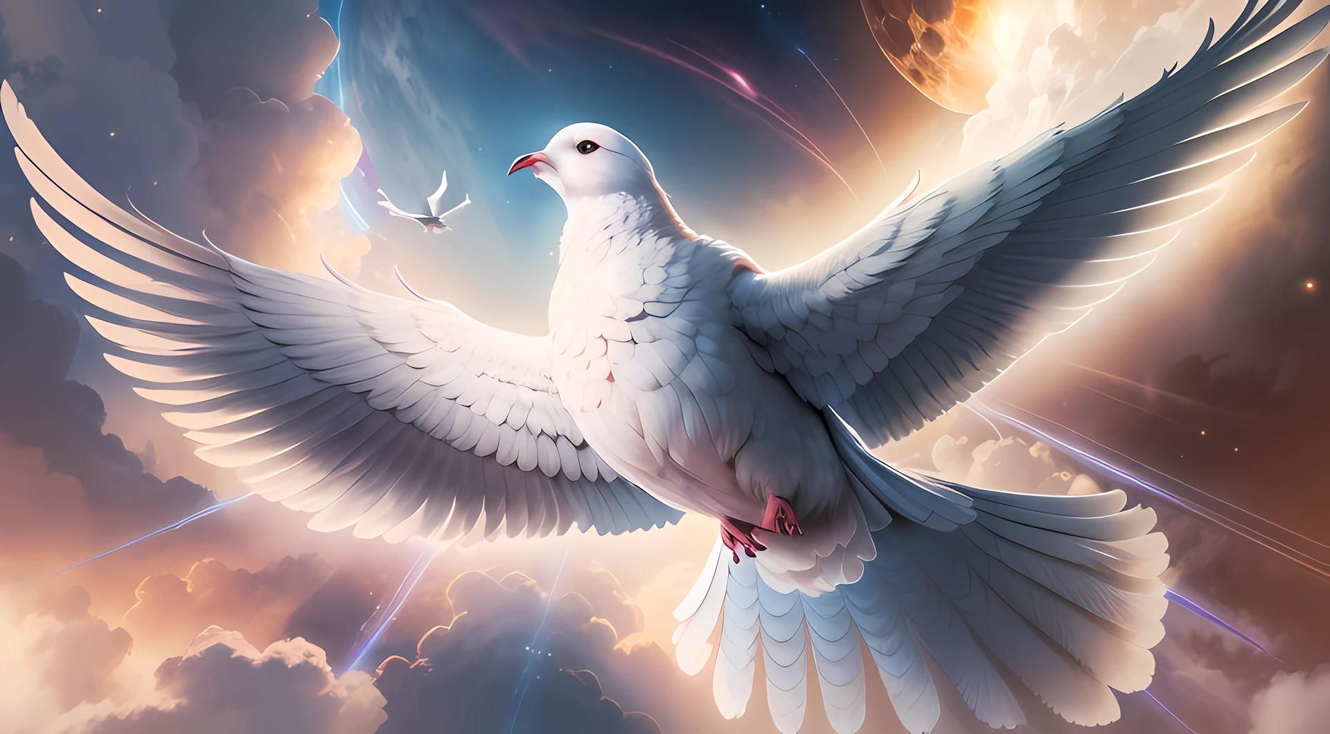 a white dove flying in the sky with a bright light coming out of it, pomba branca, holy spirit, ophanim has bird wings, pombas voando no portal, onde, em paz, pombas, majestosas asas de pomba grande, she is arriving heaven, beautiful image ever created, Luz Celestial, background is celestial, papel de parede hd, celestial, heaven on earth, in sky, pegue a chave, lua bela, fora, noite linda