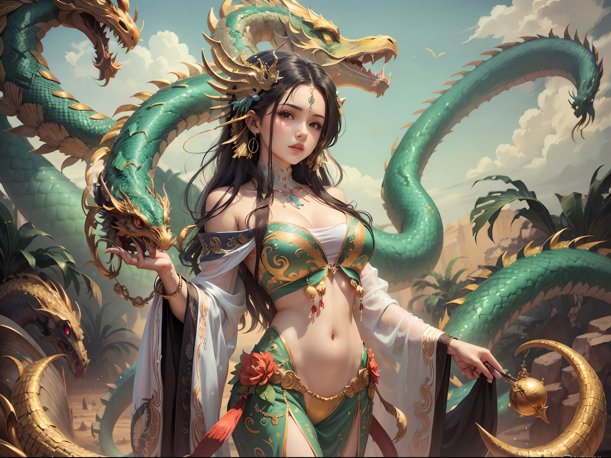 masterpiece, The best quality, {The best quality}, {{masterpiece}}, {High Resolutions}, anime, 1girl, adult woman, attractive, exotic, Quetzalcoatl, Kukulkan, Serpent God, Dragon, SNAKE, flying feathers, plumage, azteca, air, air, thunder, thunder