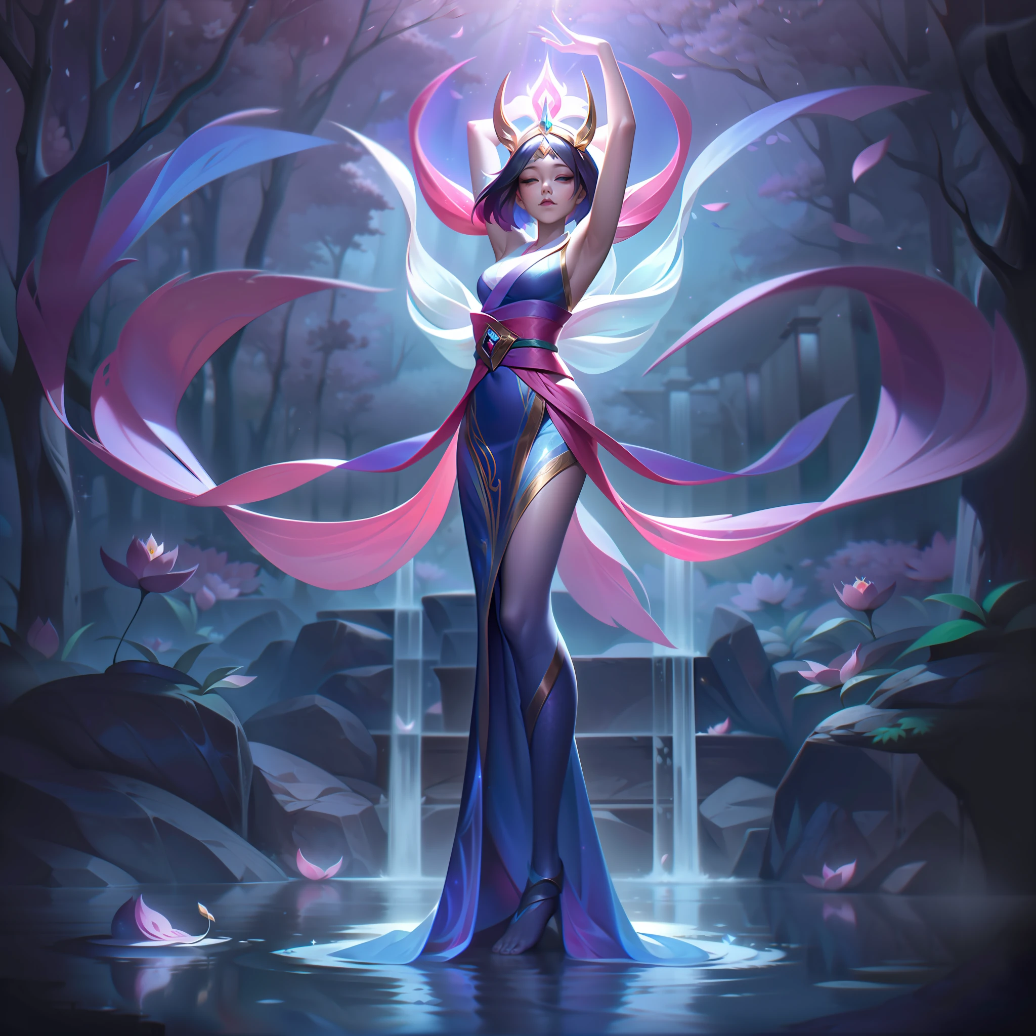 In the new "Spirit Blossom" skin splash art for the champion Lux from League of Legends, she stands amidst an ethereal glade, a shimmering oasis of flora and fauna. Lux's appearance retains her essence but is infused with mystical charm. Draped in a flowing kimono-like robe adorned with cherry blossom motifs, she exudes an air of elegance and serenity. Her staff is now a delicate cherry blossom branch, gently emanating a soft glow. Lux's pose is dramatic and captivating; she stretches her arms wide, forming intricate arcane patterns with glowing petals swirling around her. Her radiant eyes emit a soothing, otherworldly light, captivating the viewer. In the background, spirit foxes and graceful spirits of nature wander playfully, enhancing the enchanting atmosphere. The tranquil water reflects the starry night sky, adding a touch of mysticism to the scene. The "Spirit Blossom" Lux stands as a symbol of harmony between the mortal realm and the spirit world, beckoning players to embrace the tranquility of the cosmos as they harness her magical prowess on the Fields of Justice.