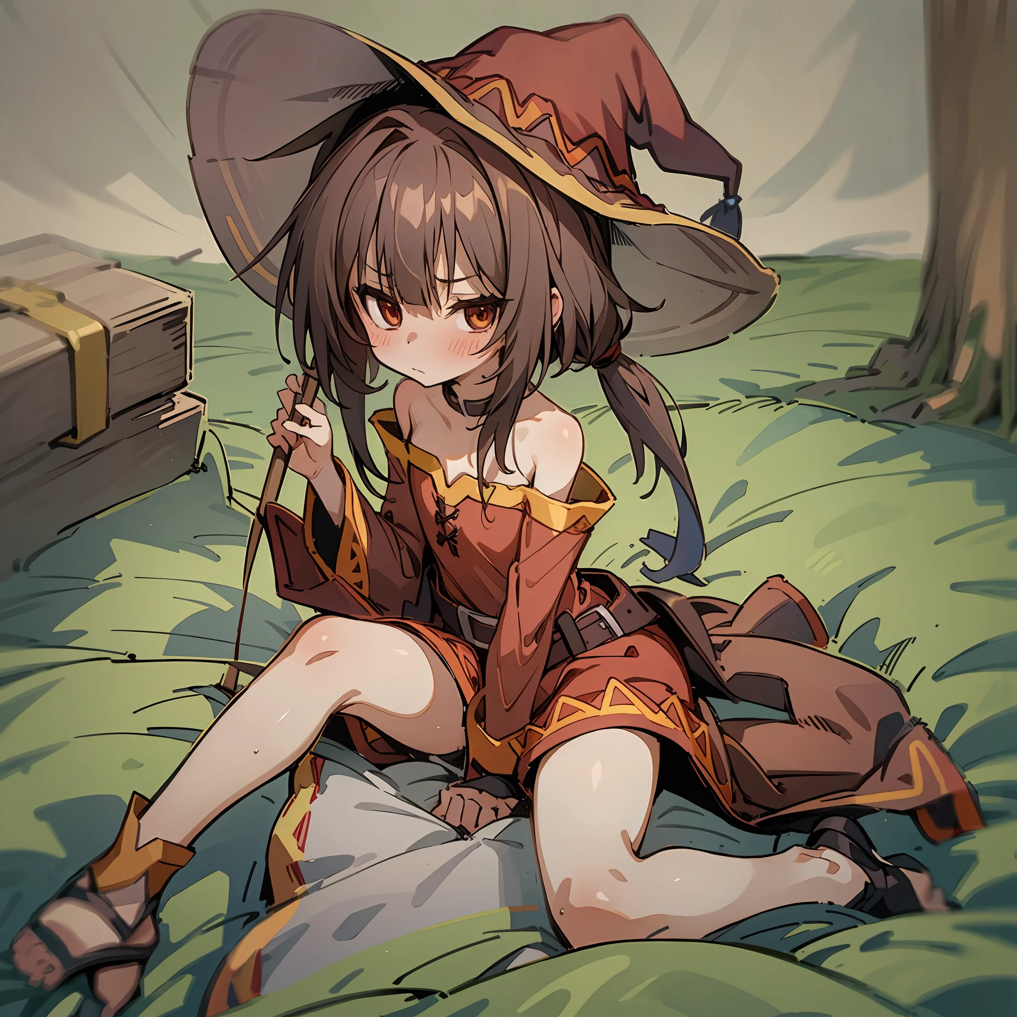 1 girl,​masterpiece,small tits,(top-quality),sitting on,(Megumin),Big witch's hat,(High Details),