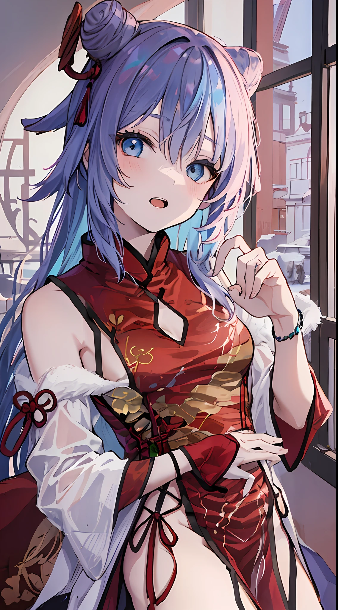 (Beautiful anime girls，Wearing a white cheongsam，Blue hair and blue eyes，Strike a charming pose on the windowsill，《Genshin collides》The cute anime goddess created by Nakaishi Tao is charming)