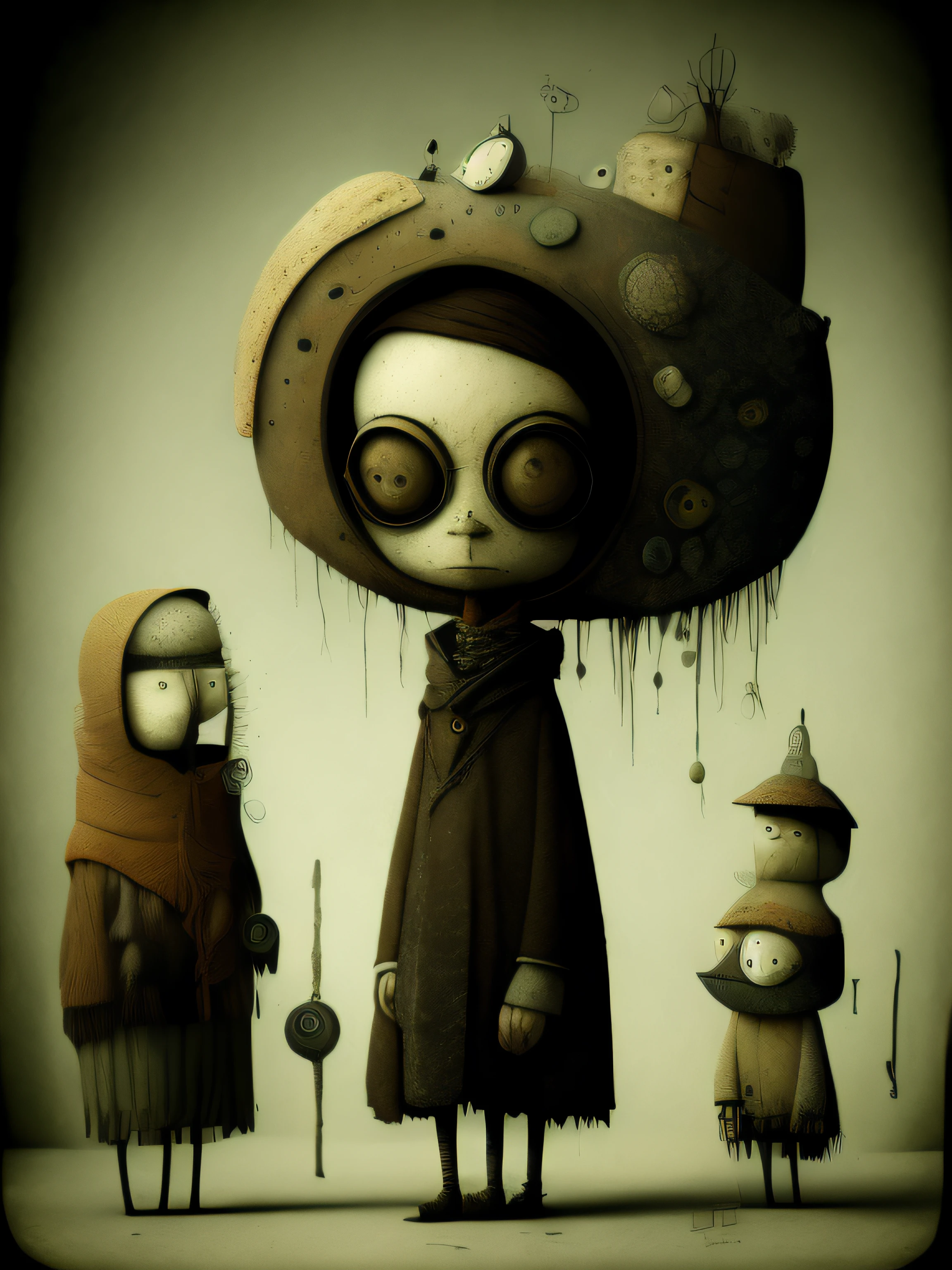 mulheres asas de anjo com personagens de desenhos animados vestidos com casacos e chapéus , Anton Semyonov, Personagens de Machinarium, pupilas pontilhadas, Três olhos, Seis de Little Nightmares, 3 cabeças, Três cabeças, sorrisos assustadores, Três olhos, Sombrio, por Yi Inmun, Tenente Tadeusz Brzozowski, poucos olhos, horripilante!!, Arte conceitual pós-grunge