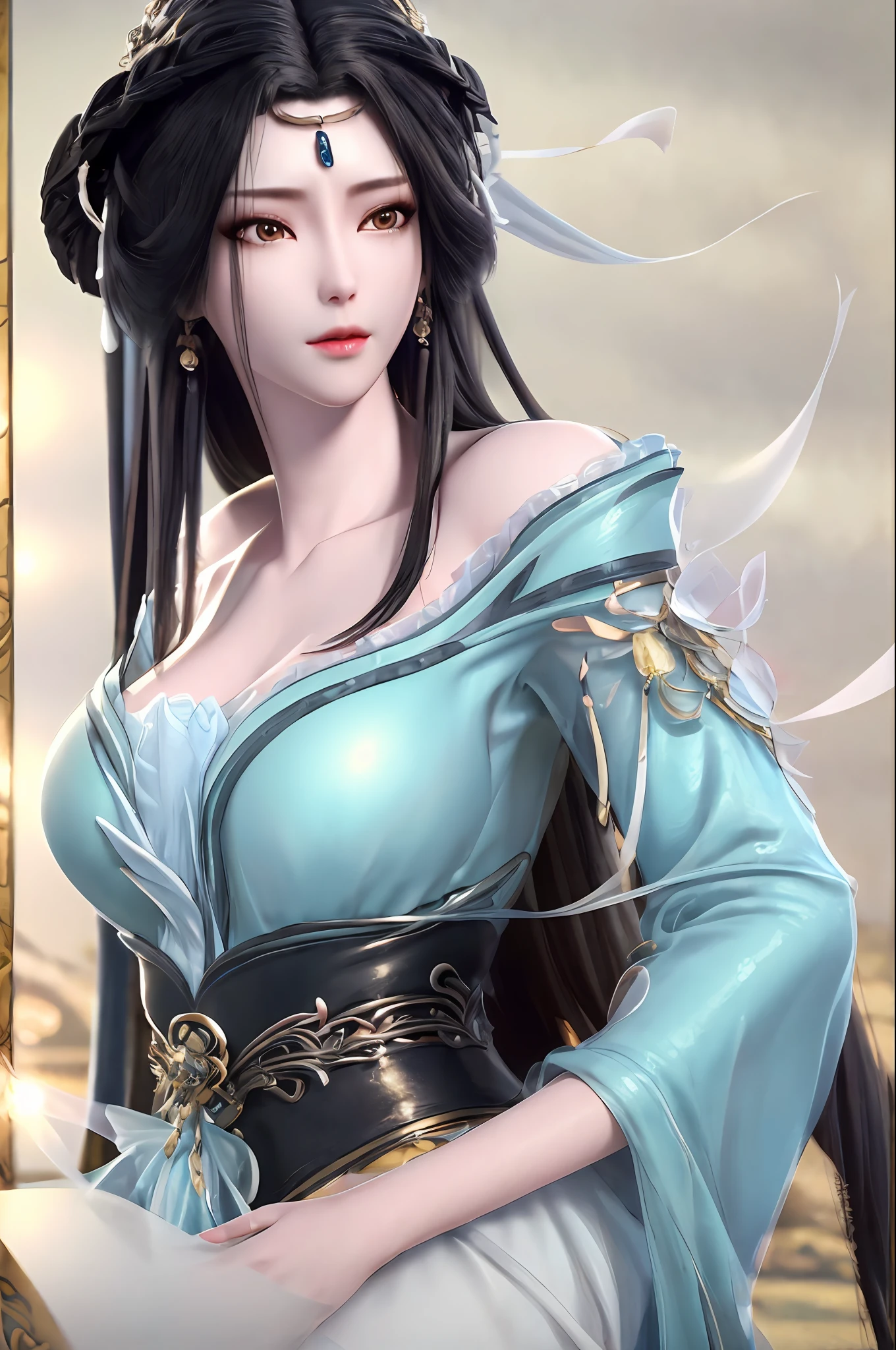 (8k, best quality, highres), (masterpiece, realistic, photorealistic), a beautiful fantasy empress, beautiful and elegant Chinese girl, 3d render character art 8k, beautiful eye, beautiful face, glossy lips, (ultra detailed face), (big breasts), black hair, hair ornaments