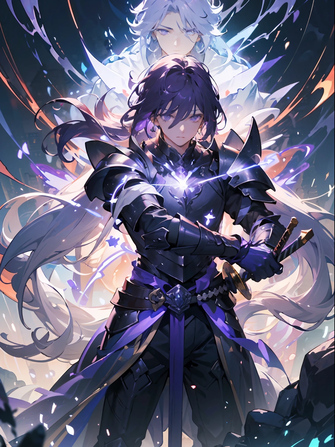 Oist，（tmasterpiece:1.2），best qualtiy，male people，Flowing purple hair，A long sword with a cold light，Purple particles surround。Black and purple armor，Majestic posture，Purple around，Purple surge，Gorgeous atmosphere。high-definition image，Epic battle highlights。